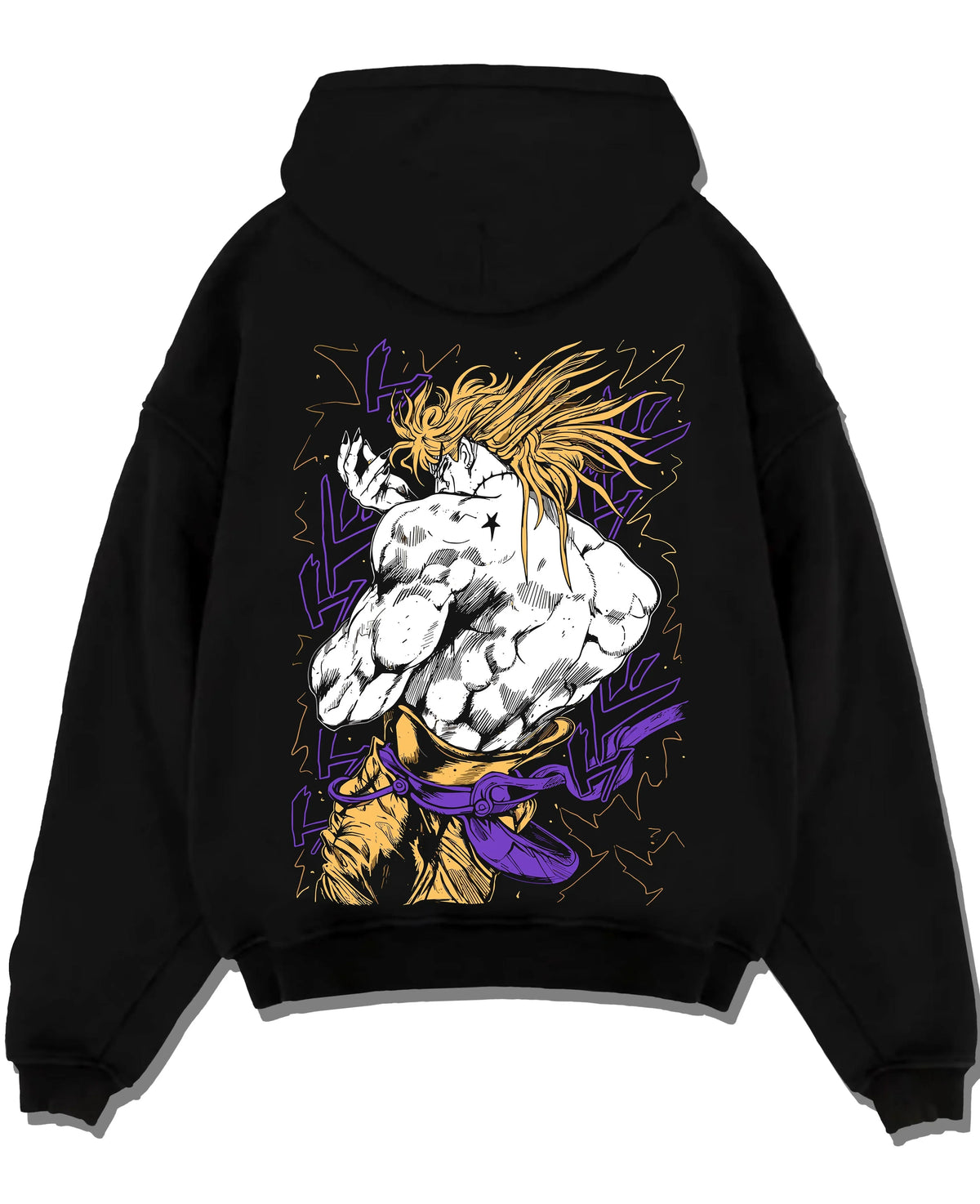 Black pullover hoodie laid flat with Dio Hoodie JoJo’s Bizarre Adventure Villain Retro Art graphic streetwear graphic.