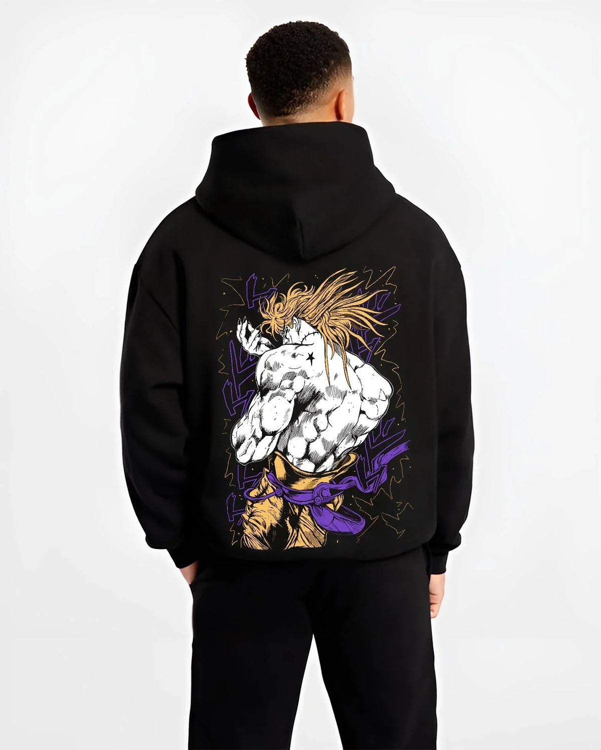Black hoodie worn by male model, back view with Dio Hoodie JoJo’s Bizarre Adventure Villain Retro Art graphic streetwear graphic.