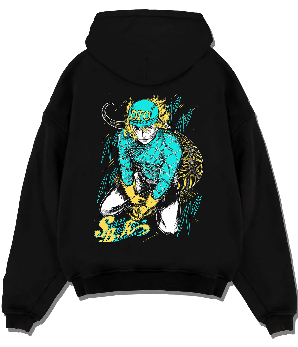 Black hoodie flat back view showing Dio Brando from JoJo’s Bizarre Adventure: teal and yellow cap with DIO lettering