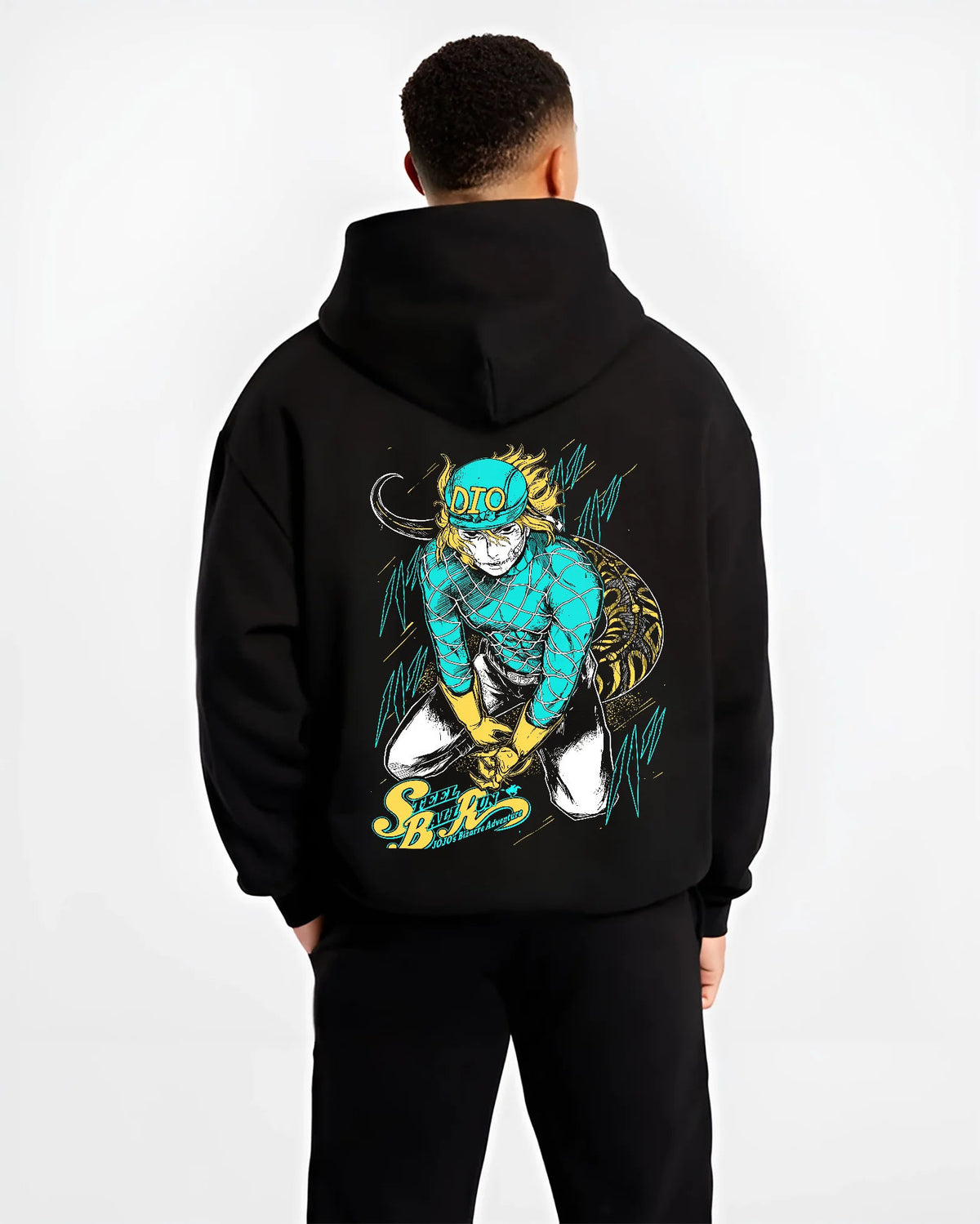 Black hoodie model back view showing Dio Brando from JoJo’s Bizarre Adventure: teal and yellow cap with DIO lettering
