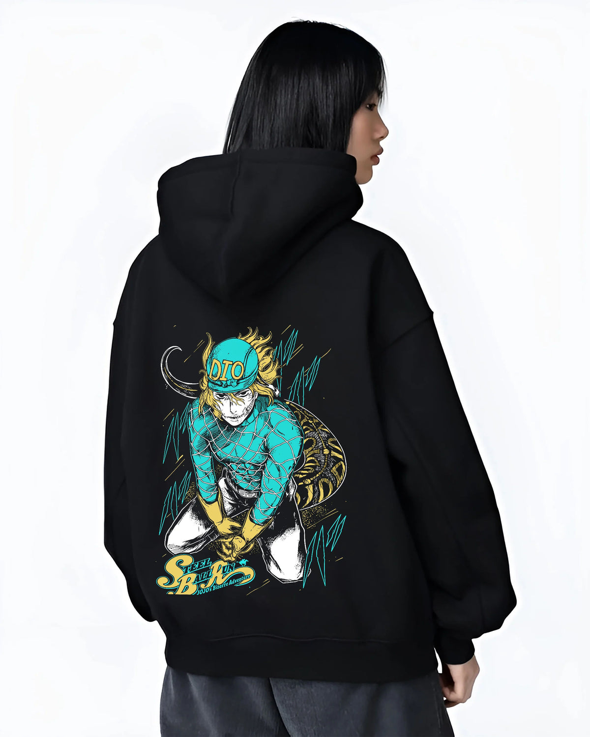 Black hoodie female model back view showing Dio Brando from JoJo’s Bizarre Adventure: teal and yellow cap with DIO lettering