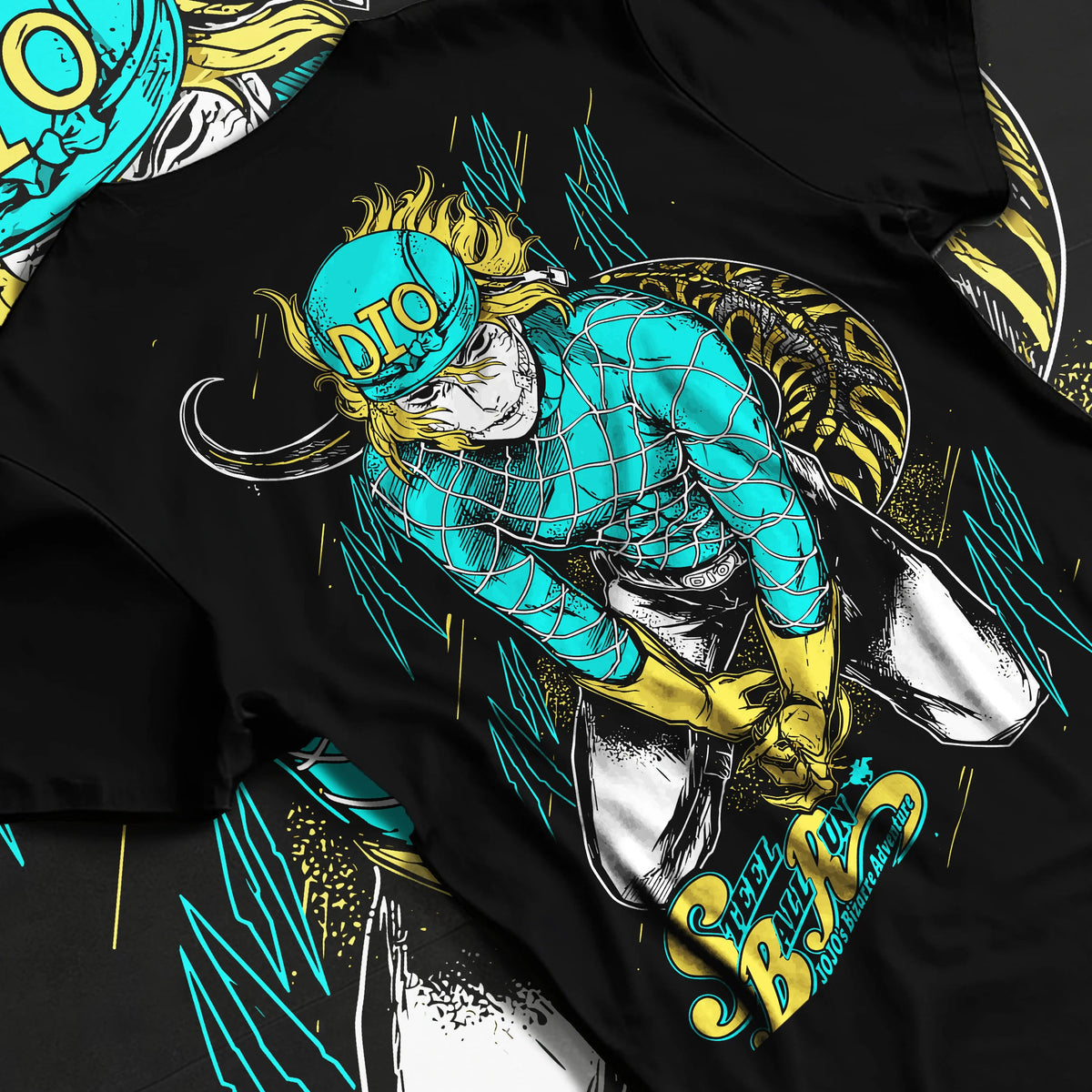 Black T-shirt flat back view showing Dio Brando from JoJo’s Bizarre Adventure: teal and yellow cap with DIO lettering