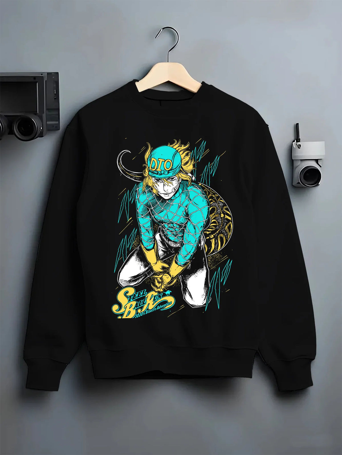 Black crewneck sweatshirt on hanger showing Dio Brando from JoJo’s Bizarre Adventure: teal and yellow cap with DIO lettering