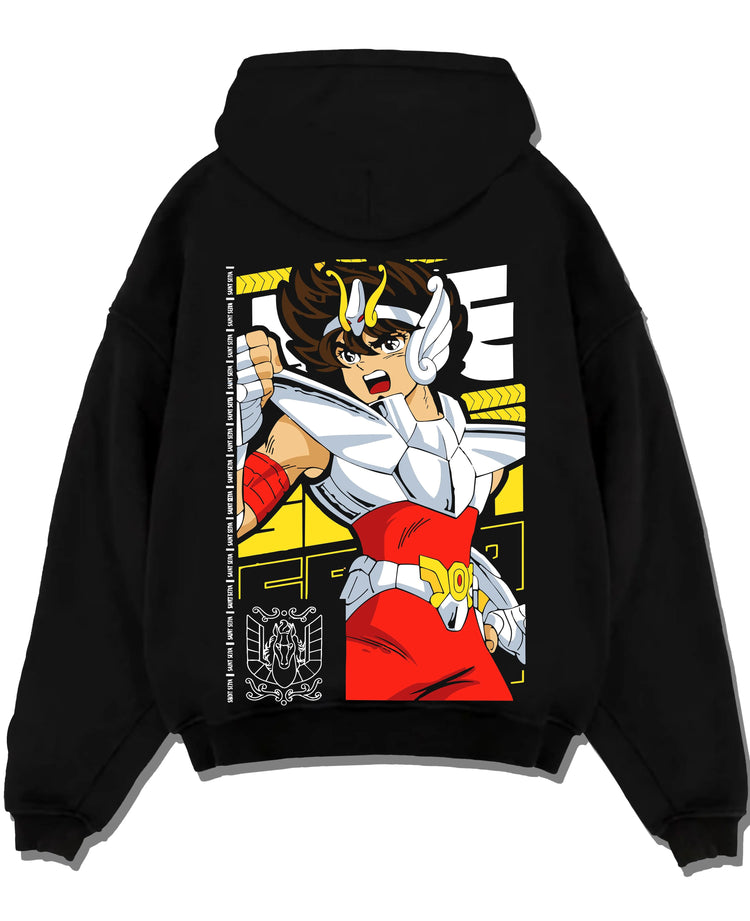 Black hoodie laid flat featuring Pegasus Seiya Saint Seiya divine armor artwork.