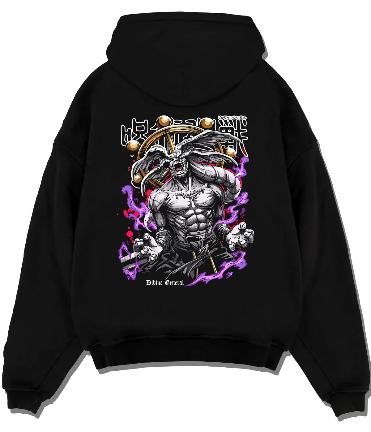 Black hoodie flat back view showing Divine General Mahoraga from Jujutsu Kaisen: rotating wheel and monstrous form