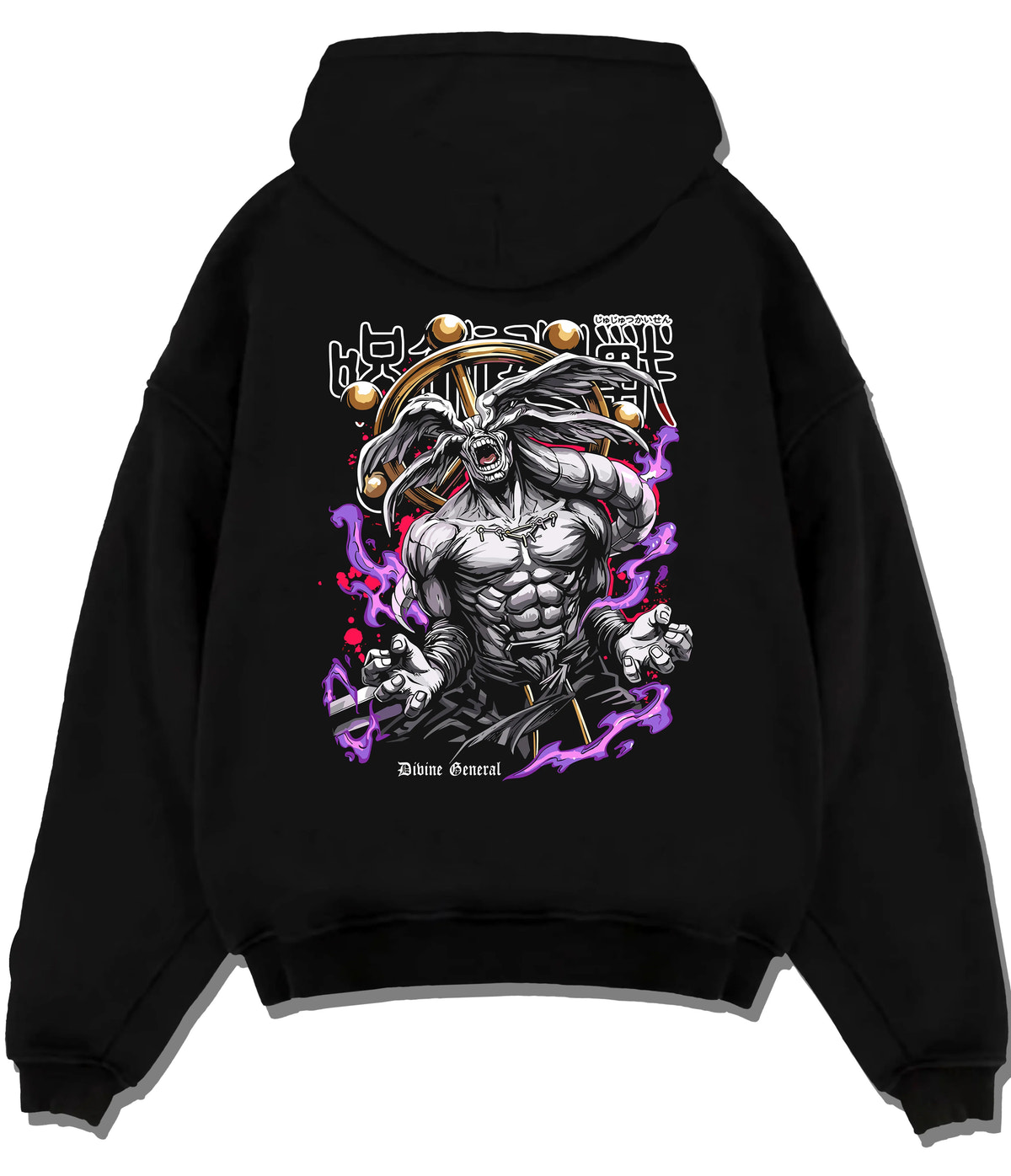 Black hoodie flat back view showing Divine General Mahoraga from Jujutsu Kaisen: rotating wheel and monstrous form