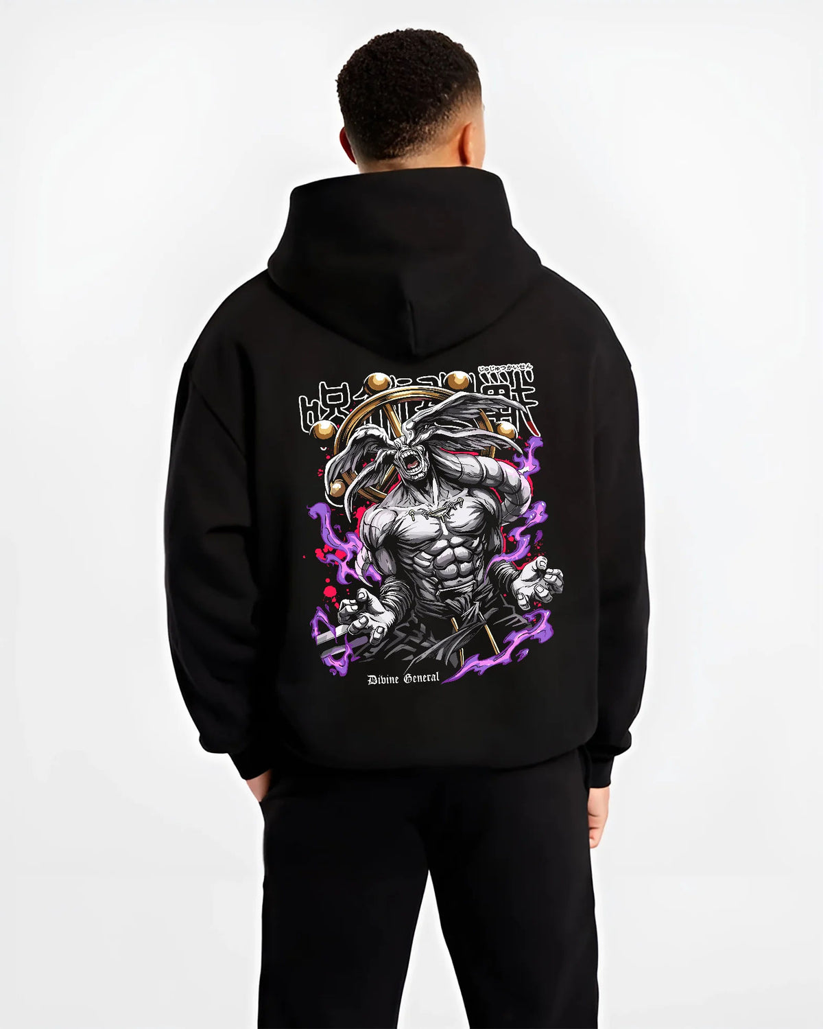 Black hoodie model back view showing Divine General Mahoraga from Jujutsu Kaisen: rotating wheel and monstrous form