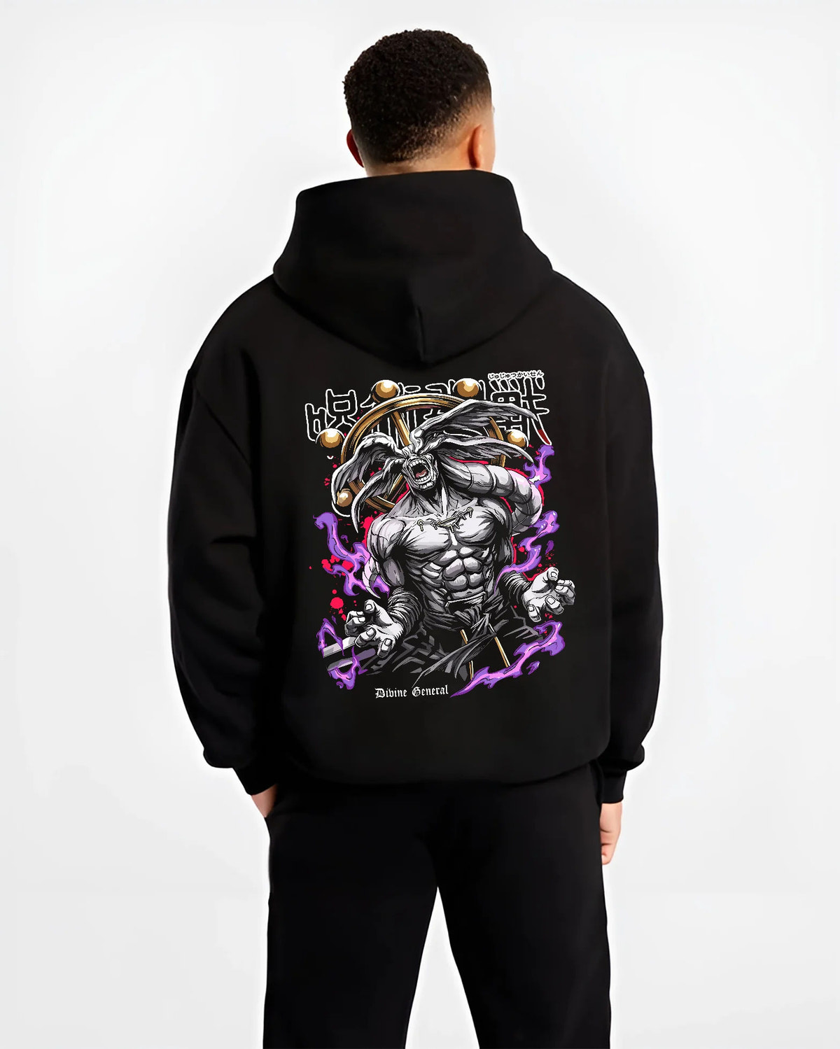 Black hoodie model back view showing Divine General Mahoraga from Jujutsu Kaisen: rotating wheel and monstrous form