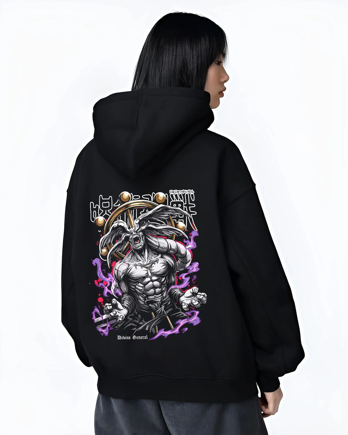 Black hoodie female model back view showing Divine General Mahoraga from Jujutsu Kaisen: rotating wheel and monstrous form