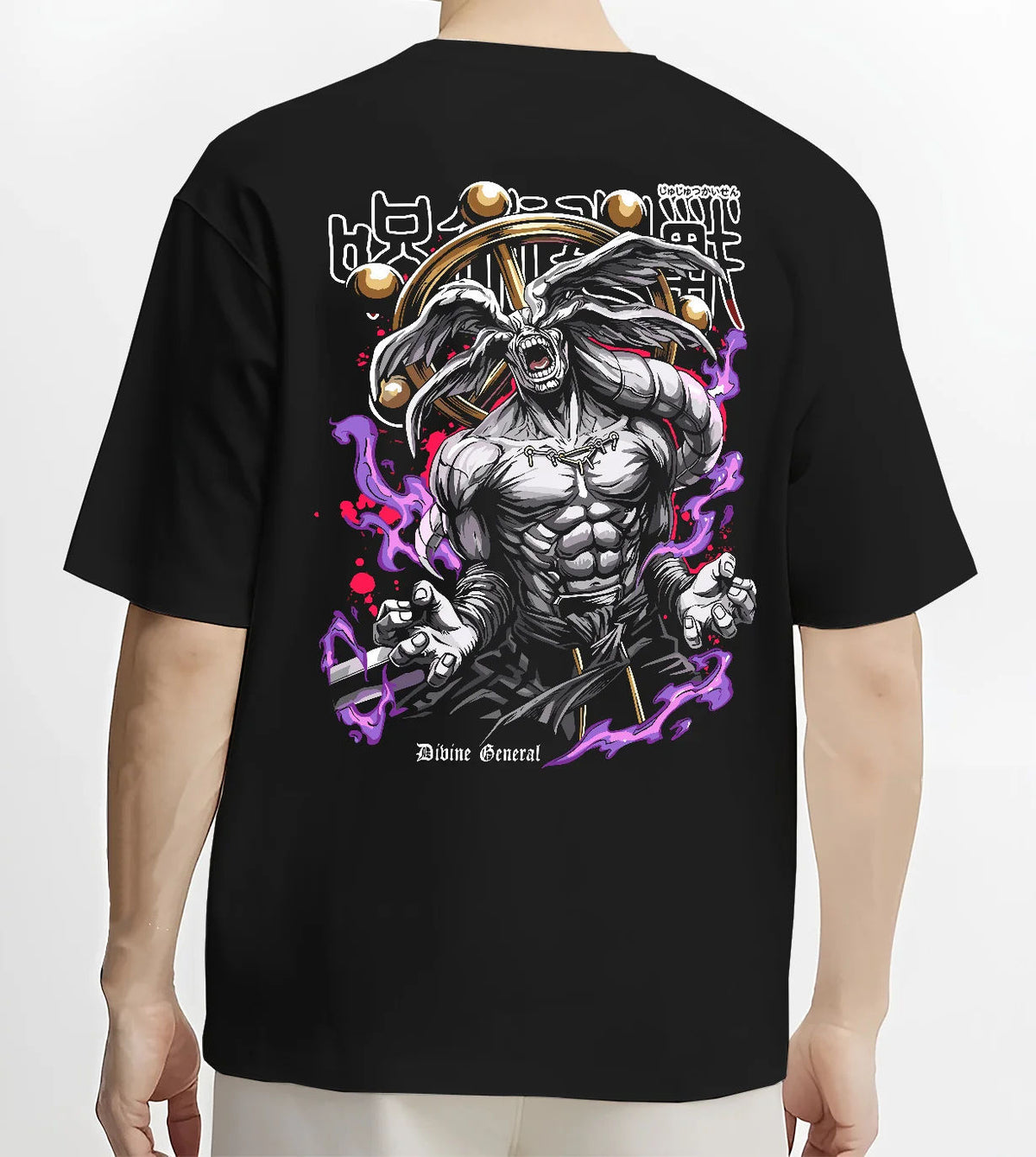Black T-shirt model back view showing Divine General Mahoraga from Jujutsu Kaisen: rotating wheel and monstrous form