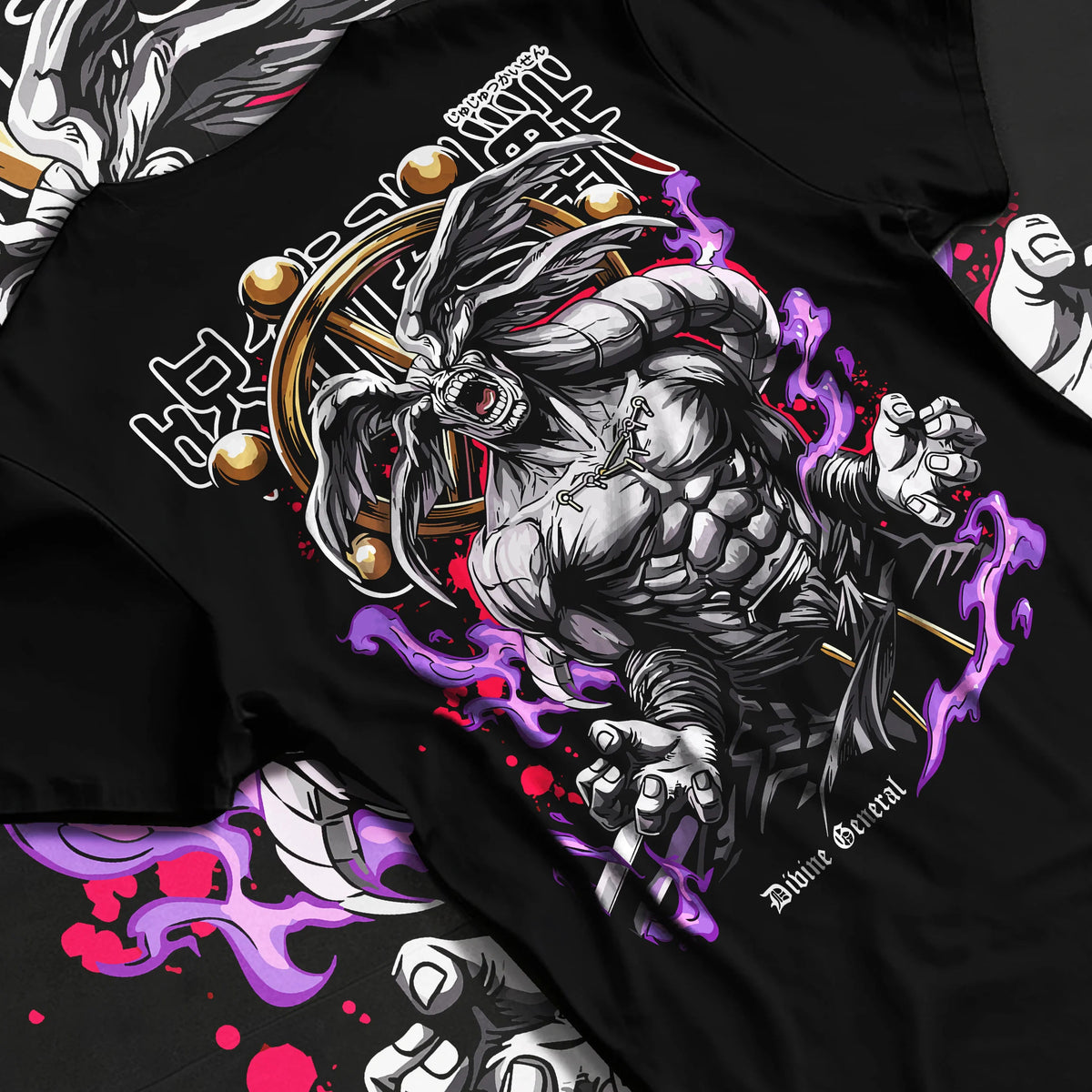 Black T-shirt flat back view showing Divine General Mahoraga from Jujutsu Kaisen: rotating wheel and monstrous form