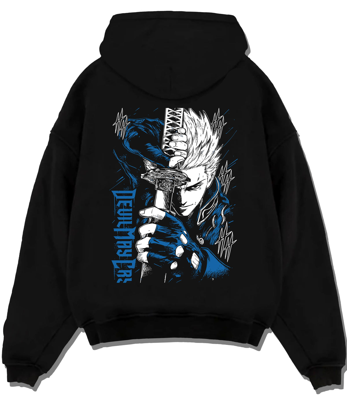 Black hoodie flat back view showing White-haired sword-wielding demon hunter from Devil May Cry: Devil May Cry