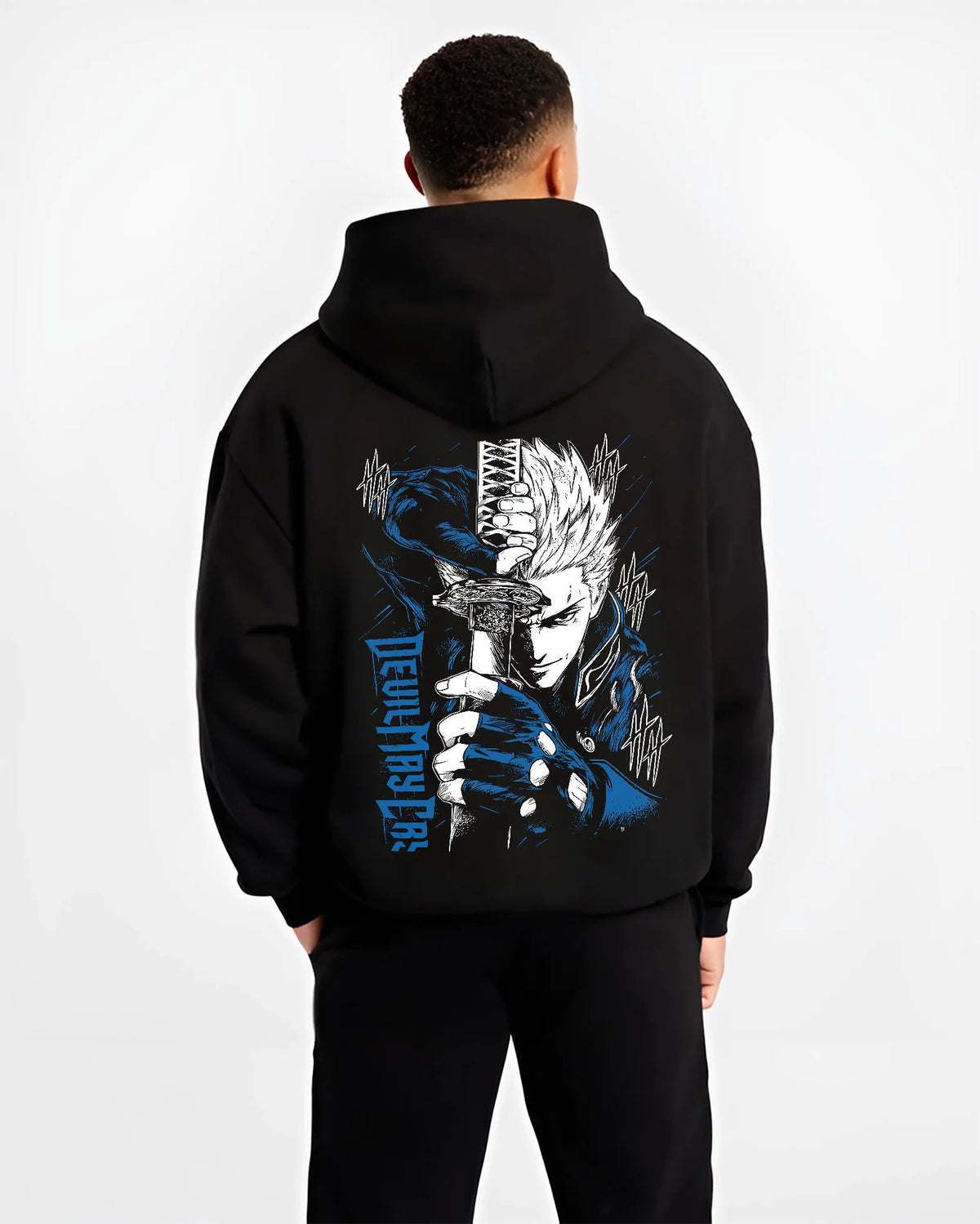 Black hoodie model back view showing White-haired sword-wielding demon hunter from Devil May Cry: Devil May Cry
