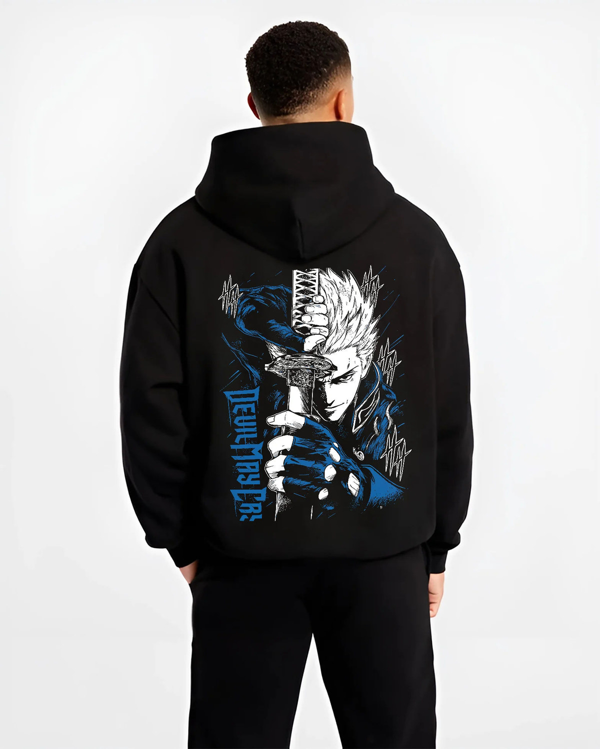 Black hoodie model back view showing White-haired sword-wielding demon hunter from Devil May Cry: Devil May Cry