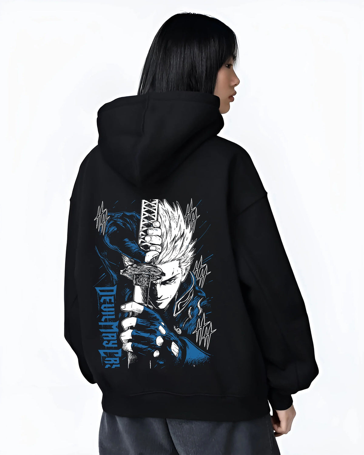 Black hoodie female model back view showing White-haired sword-wielding demon hunter from Devil May Cry: Devil May Cry