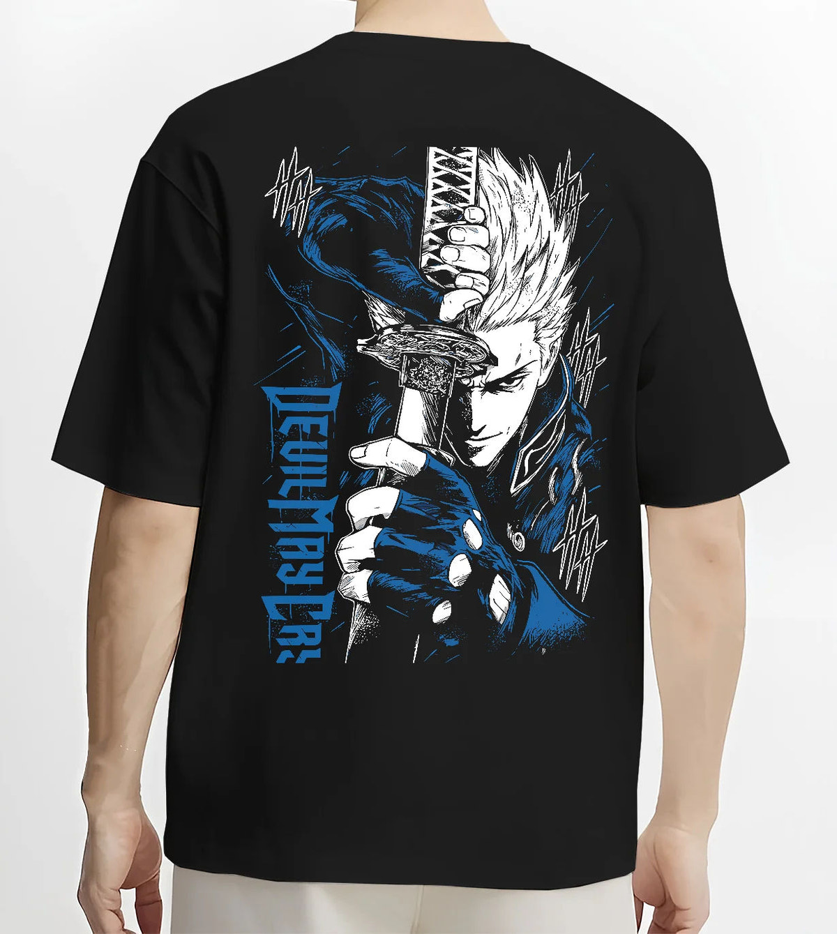 Black T-shirt model back view showing White-haired sword-wielding demon hunter from Devil May Cry: Devil May Cry