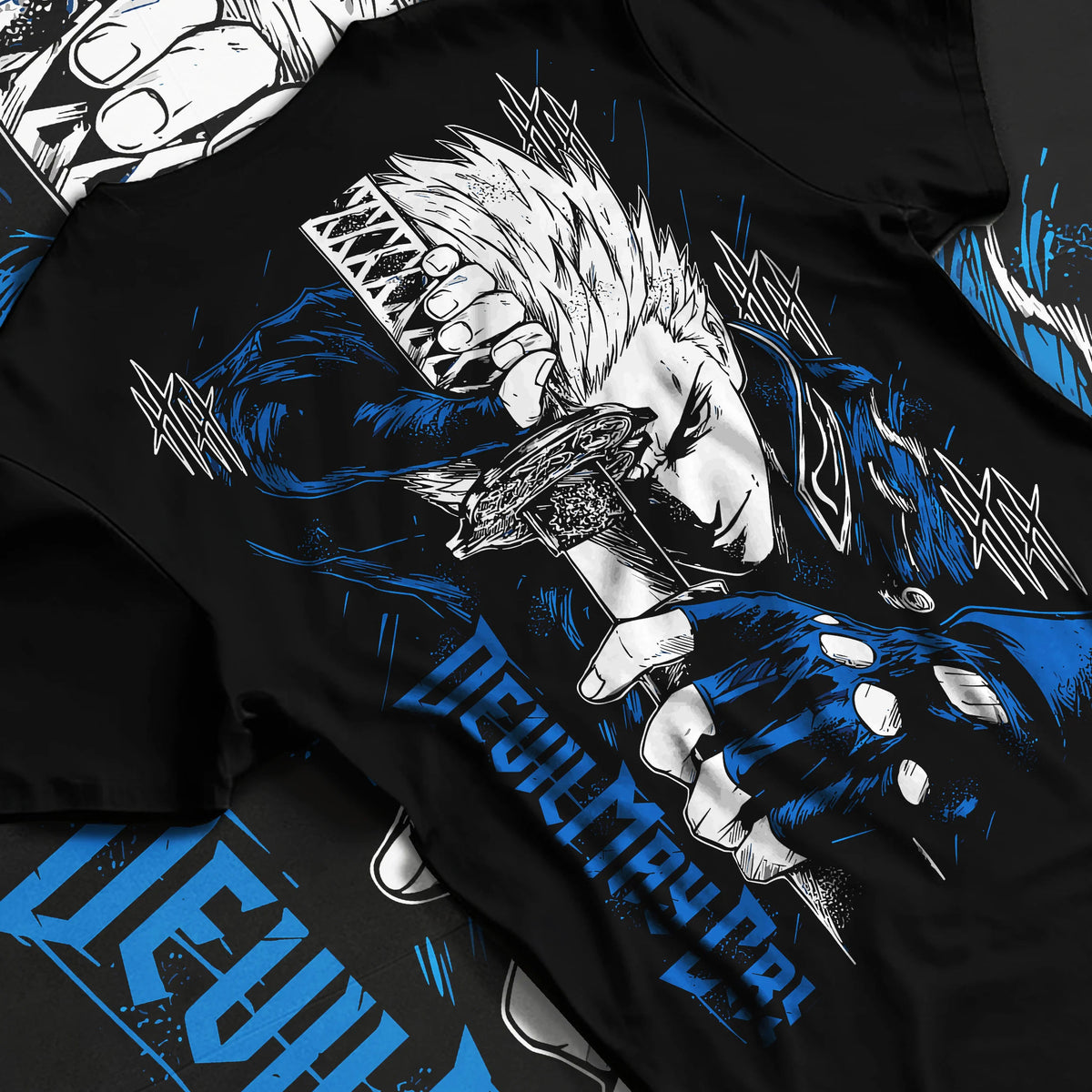 Black T-shirt flat back view showing White-haired sword-wielding demon hunter from Devil May Cry: Devil May Cry
