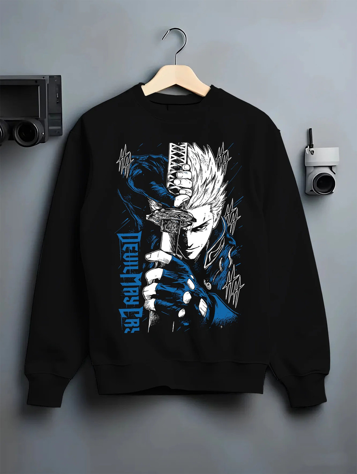 Black crewneck sweatshirt on hanger showing White-haired sword-wielding demon hunter from Devil May Cry: Devil May Cry