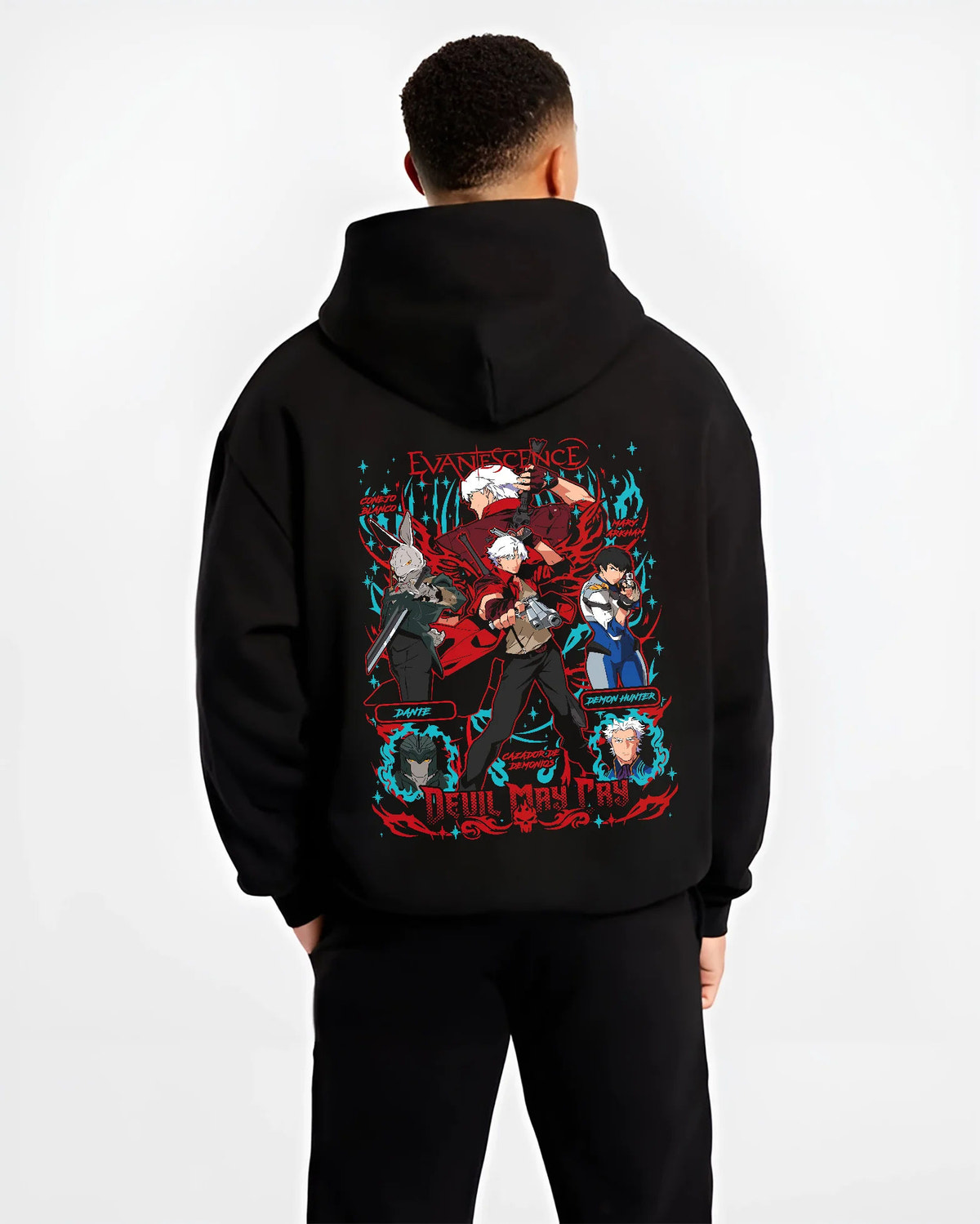 Black hoodie model back view showing Devil May Cry: Dante and cast