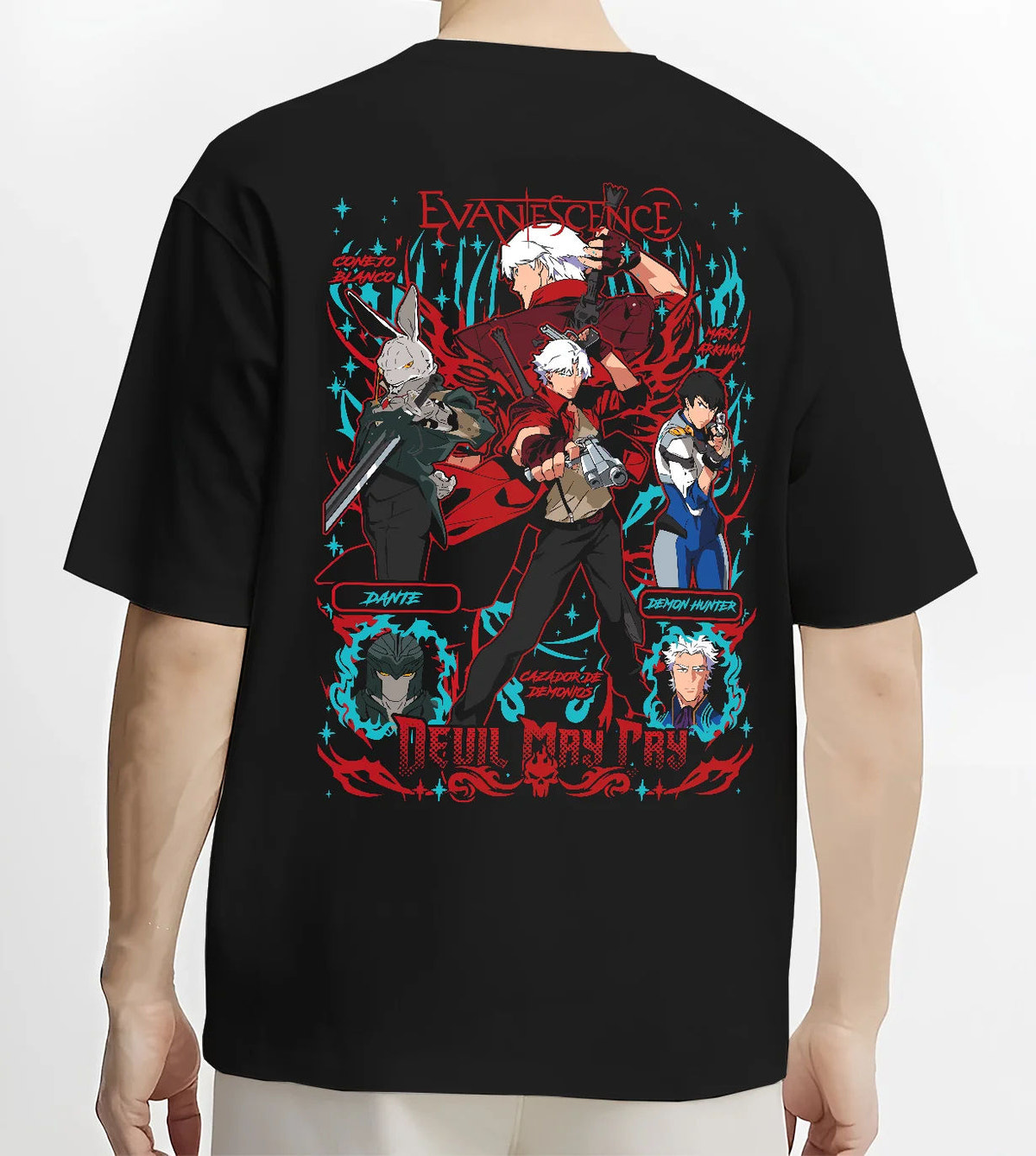 Black T-shirt model back view showing Devil May Cry: Dante and cast
