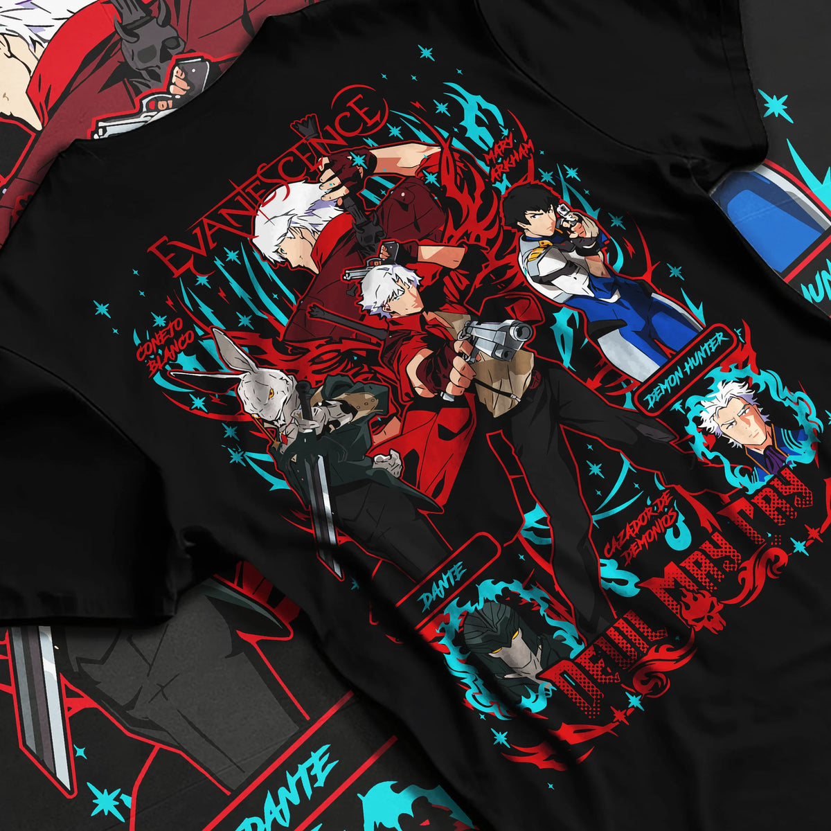 Black T-shirt flat back view showing Devil May Cry: Dante and cast