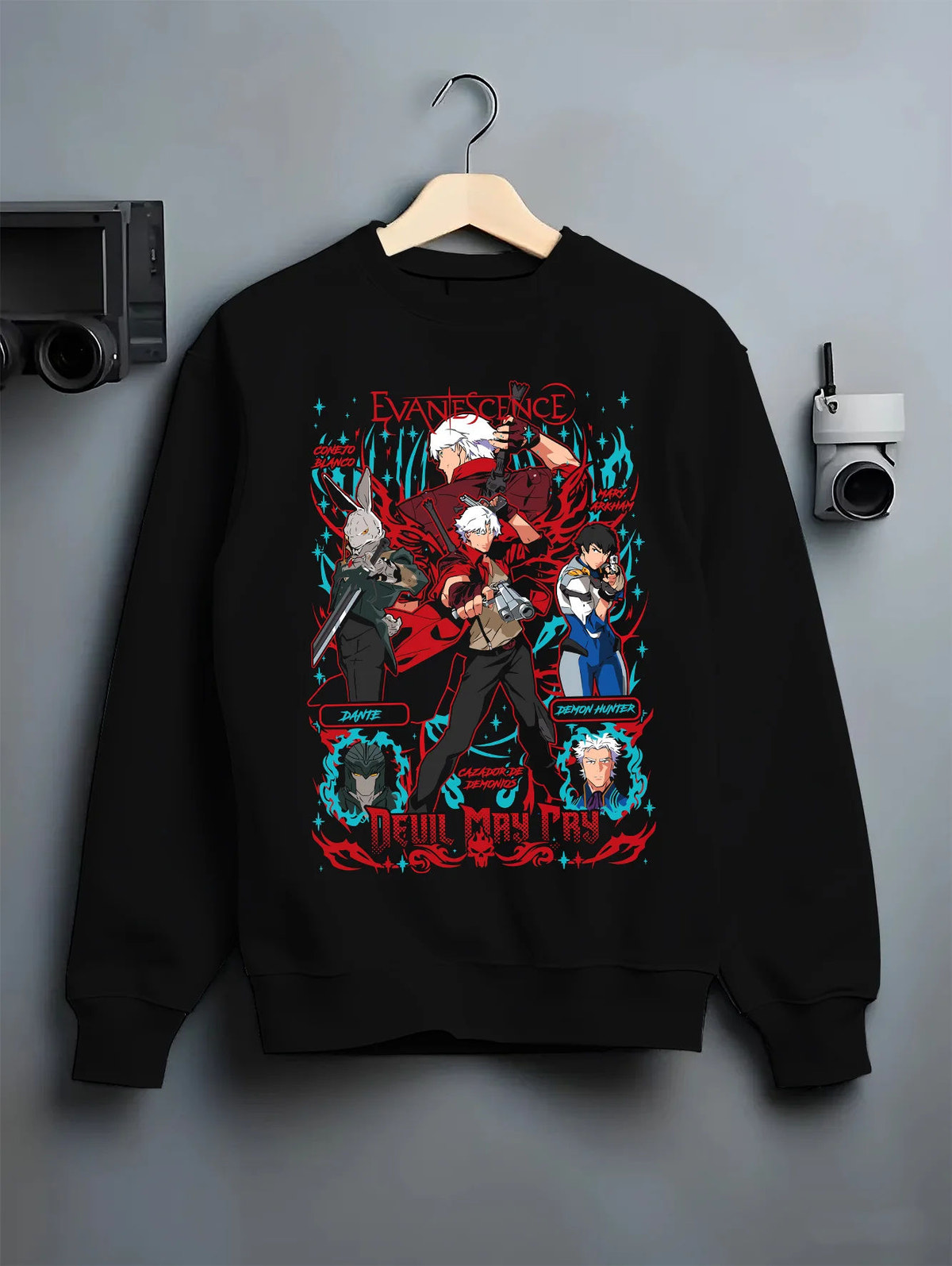 Black crewneck sweatshirt on hanger showing Devil May Cry: Dante and cast