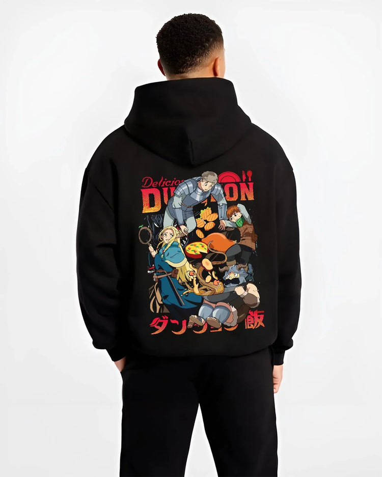 Black hoodie worn by male model, back view with Devil May Cry Hoodie Dante Retro Stylish Demon Duo graphic Dante anime design.