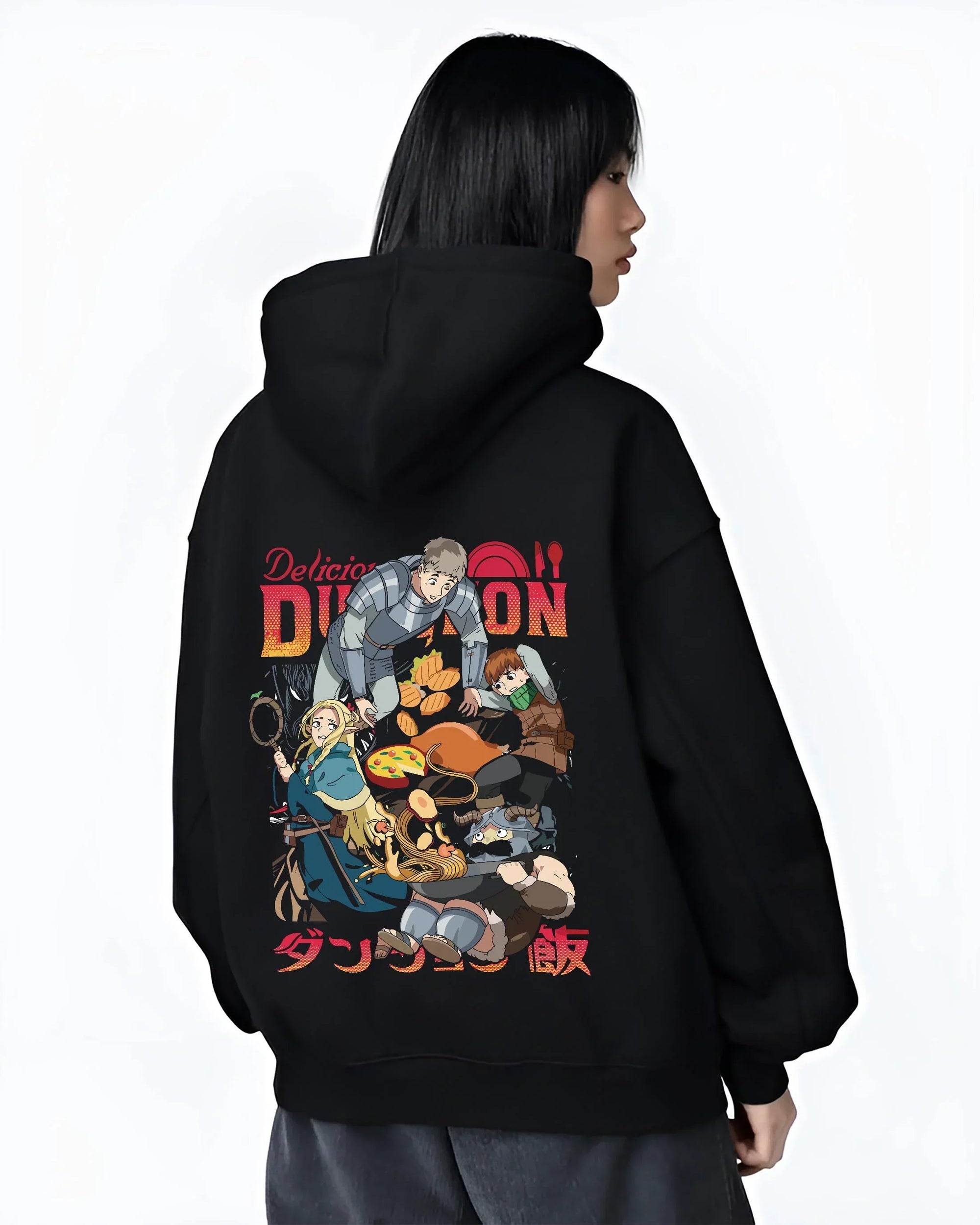 Black hoodie worn by female model, back view with Devil May Cry Hoodie Dante Retro Stylish Demon Duo graphic bold anime graphic.