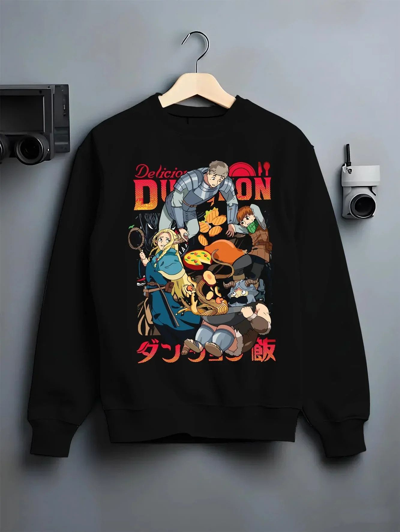 Black crewneck sweatshirt on hanger with Devil May Cry Hoodie Dante Retro Stylish Demon Duo graphic premium wear.