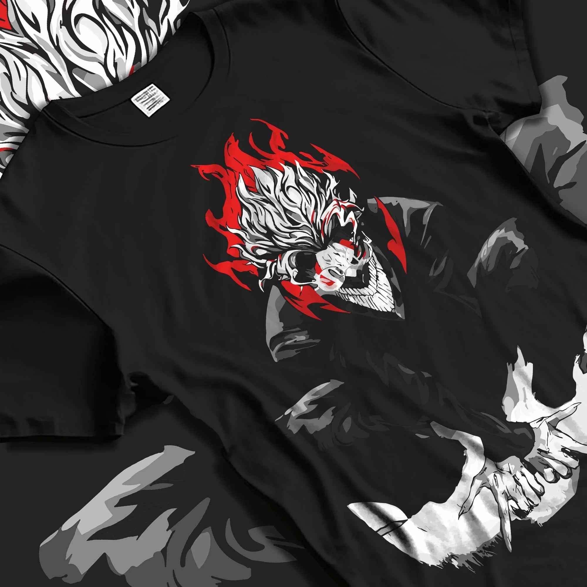 Black T-shirt laid flat with natural folds with Dandadan Hoodie Spirit Okarun Paranormal Retro Art graphic Okarun anime design.