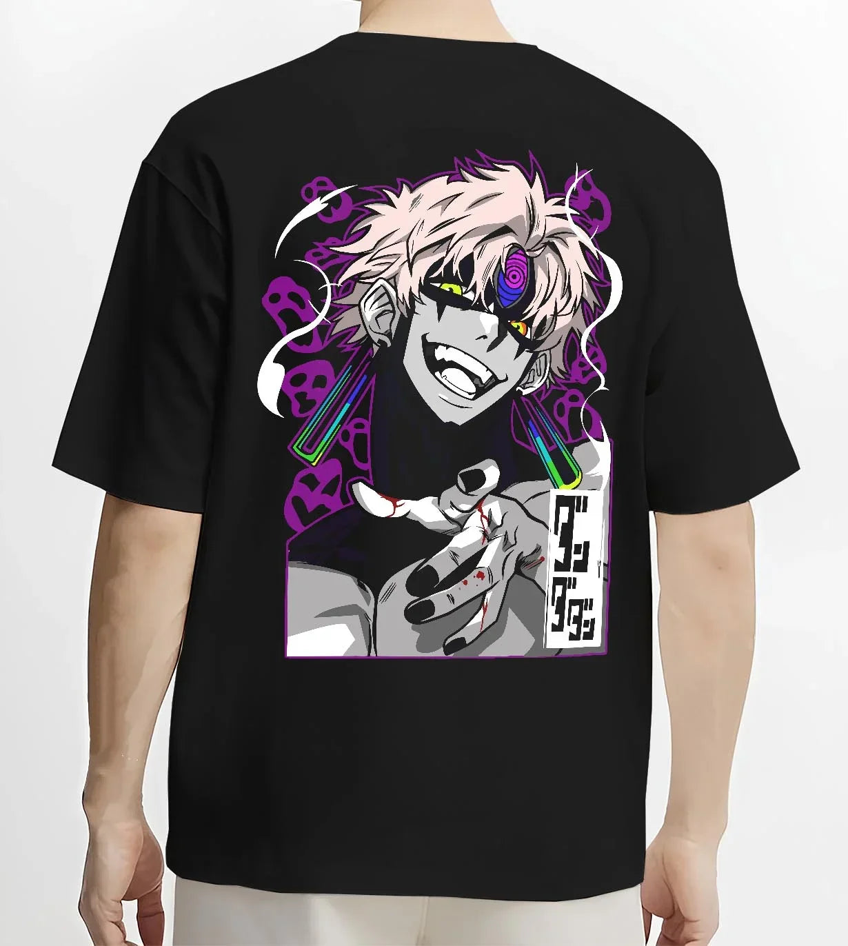 Black T-shirt worn by male model, back view with Dandadan Hoodie Spirit Paranormal Duo Retro Battle graphic streetwear graphic.