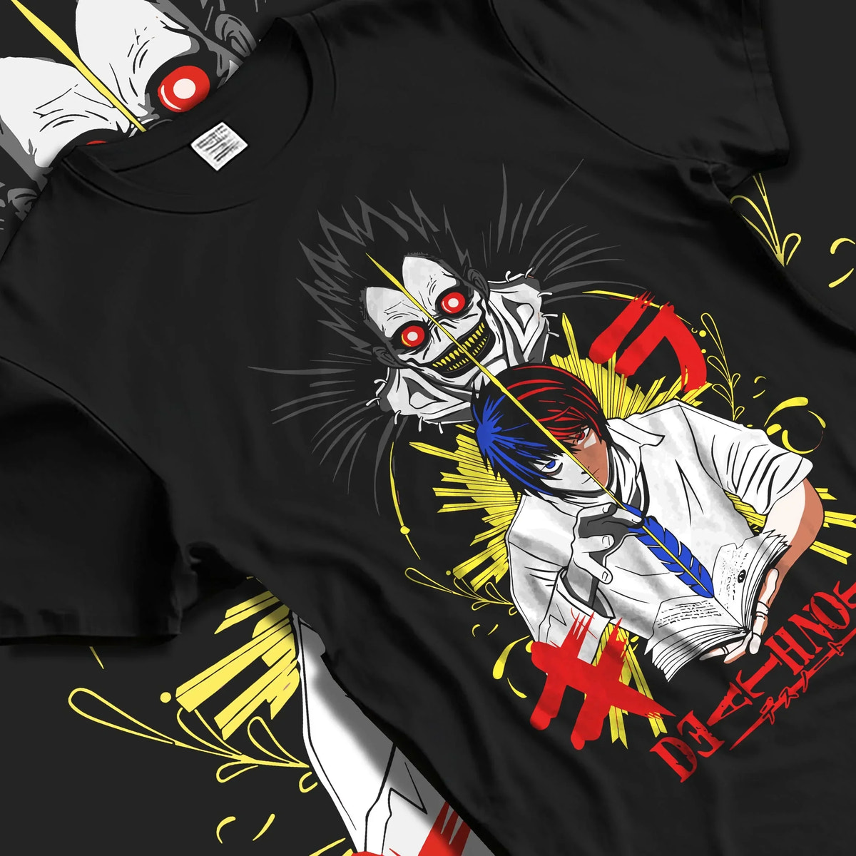 Black T-shirt laid flat with natural folds with Ryuk Hoodie Death Note Retro Anime Shinigami Poster graphic premium wear.