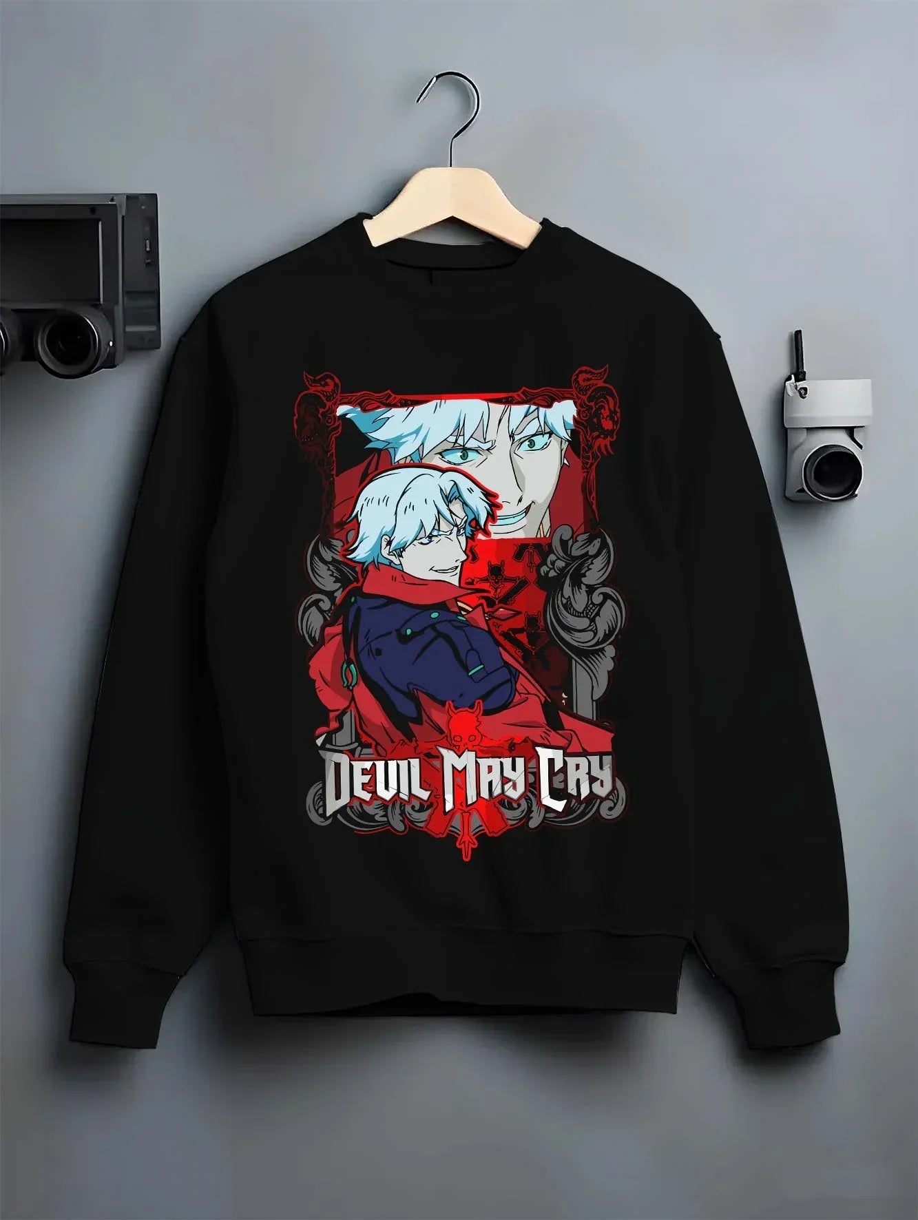 Black crewneck sweatshirt on hanger with Dante Hoodie Devil May Cry Red Trench Retro Edition graphic premium wear.