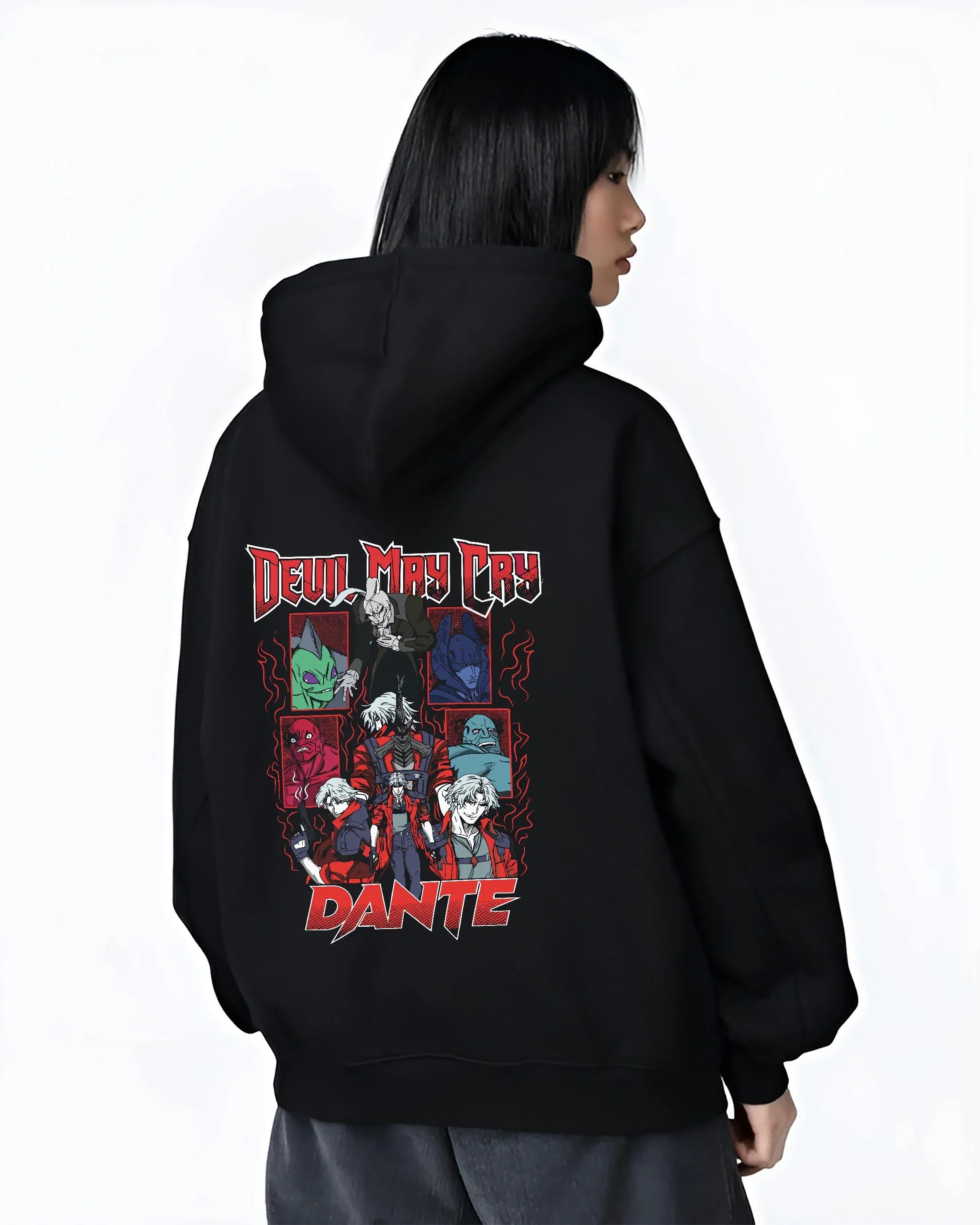 Black hoodie worn by female model, back view with Dante Hoodie Devil May Cry Retro Gothic Demon Print graphic premium wear.