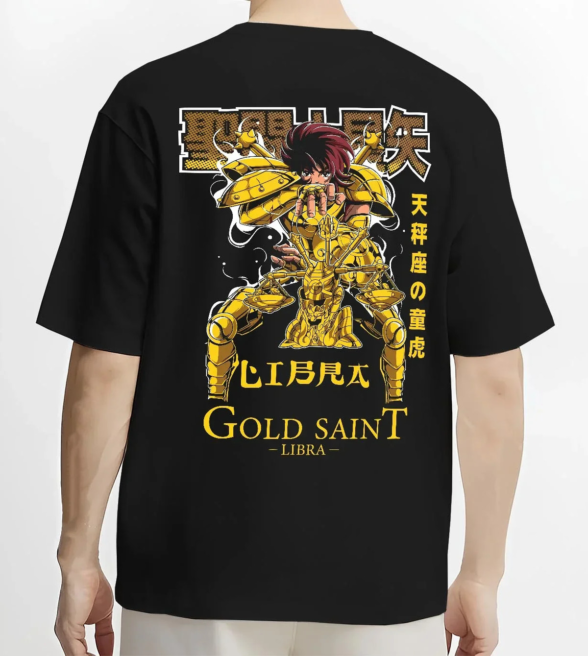 Black T-shirt worn by male model, back view with Libra Hoodie Saint Seiya Gold Saint Armour Retro graphic streetwear graphic.