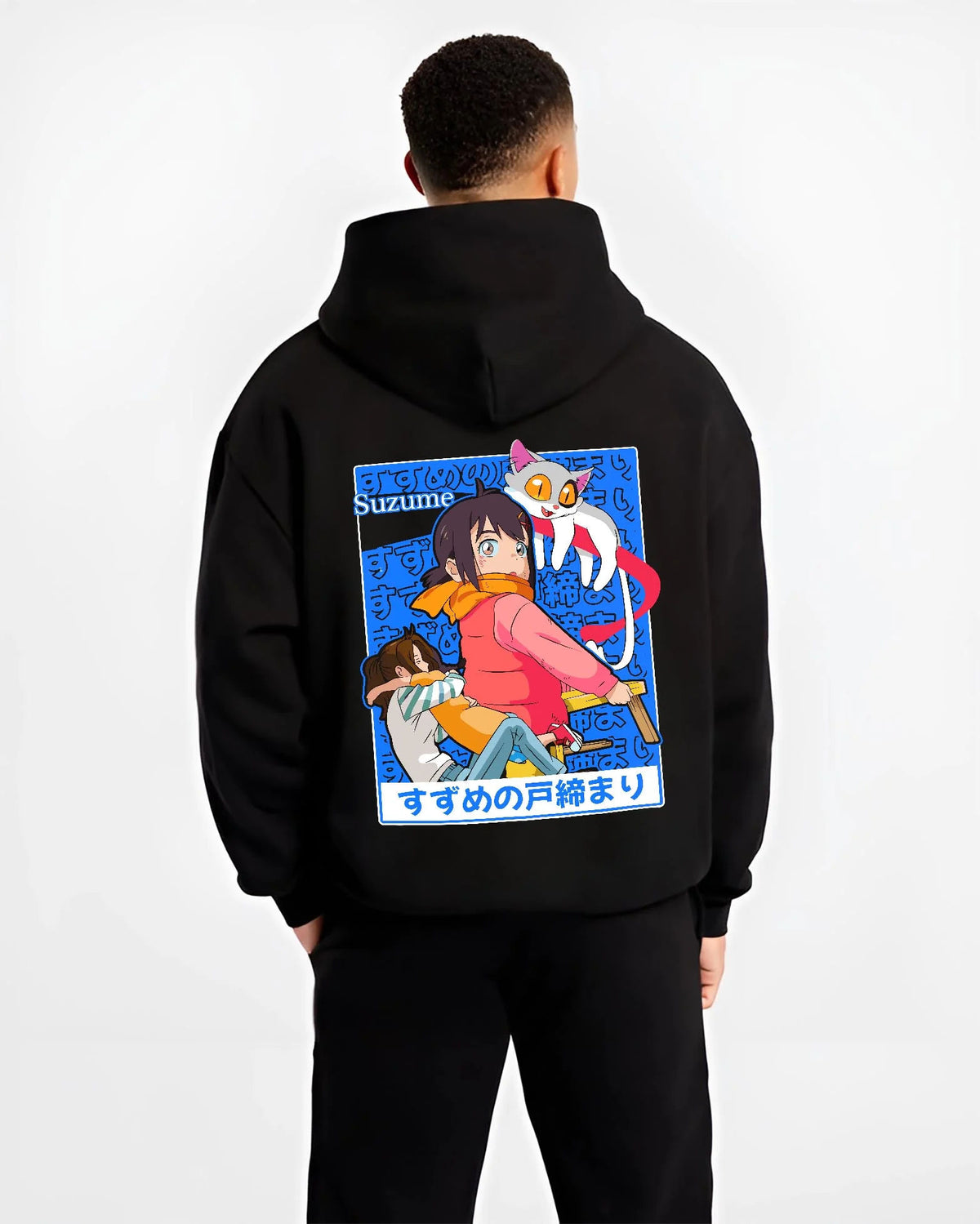 Black hoodie worn by male model from the back featuring Suzume sky door fantasy artwork.