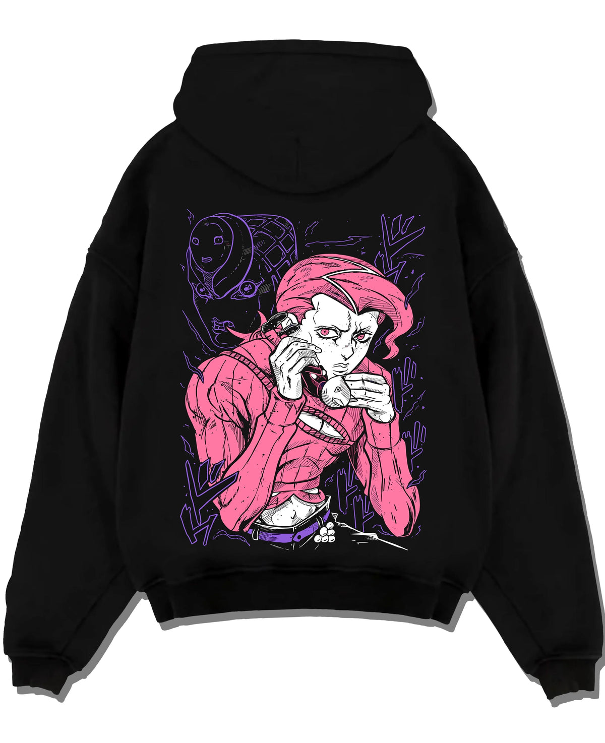Black pullover hoodie laid flat with JoJo Hoodie Dio Brando JoJo’s Bizarre Adventure Art graphic streetwear graphic.