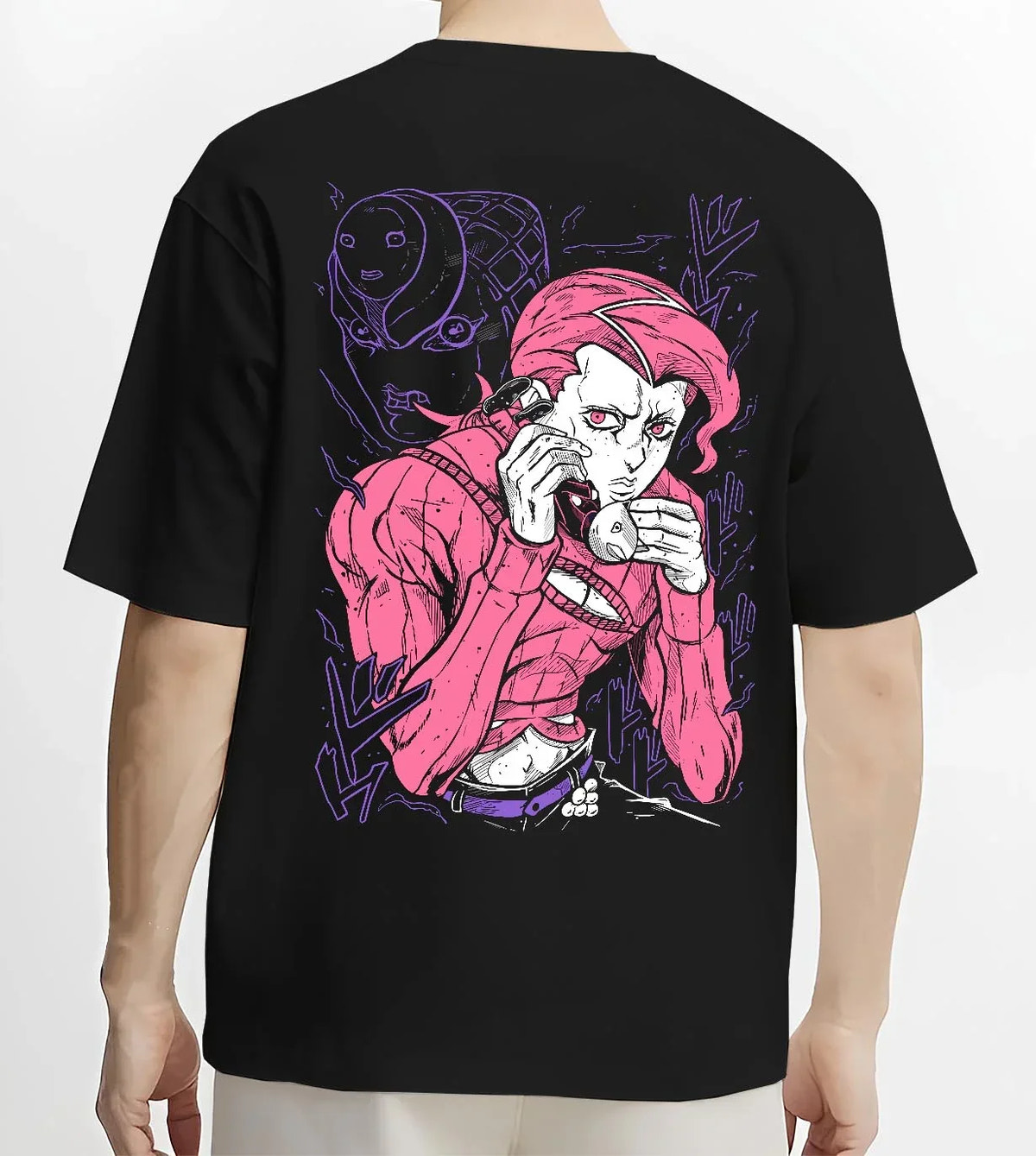 Black T-shirt worn by male model, back view with JoJo Hoodie Dio Brando JoJo’s Bizarre Adventure Art graphic bold anime graphic.
