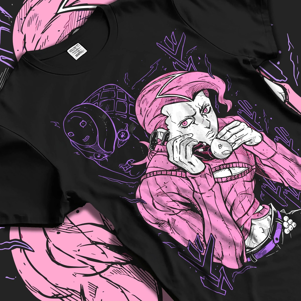 Black T-shirt laid flat with natural folds with JoJo Hoodie Dio Brando JoJo’s Bizarre Adventure Art graphic premium wear.