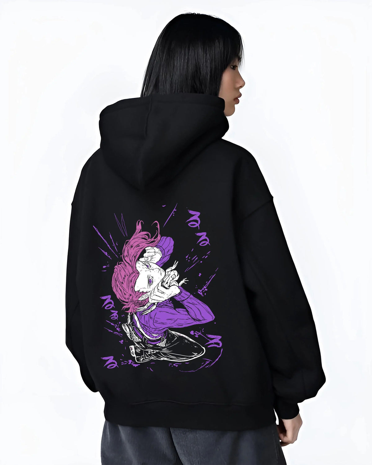 Black hoodie worn by female model from the back featuring Doppio JoJo's Bizarre Adventure villain artwork.