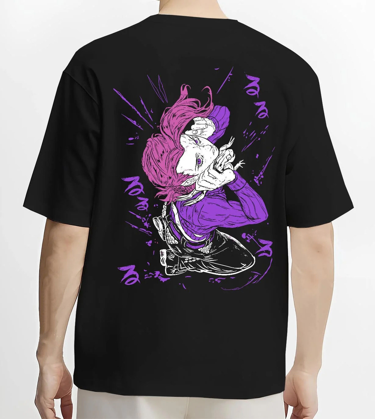 Black T-shirt worn by male model from the back featuring Doppio JoJo's Bizarre Adventure villain artwork.
