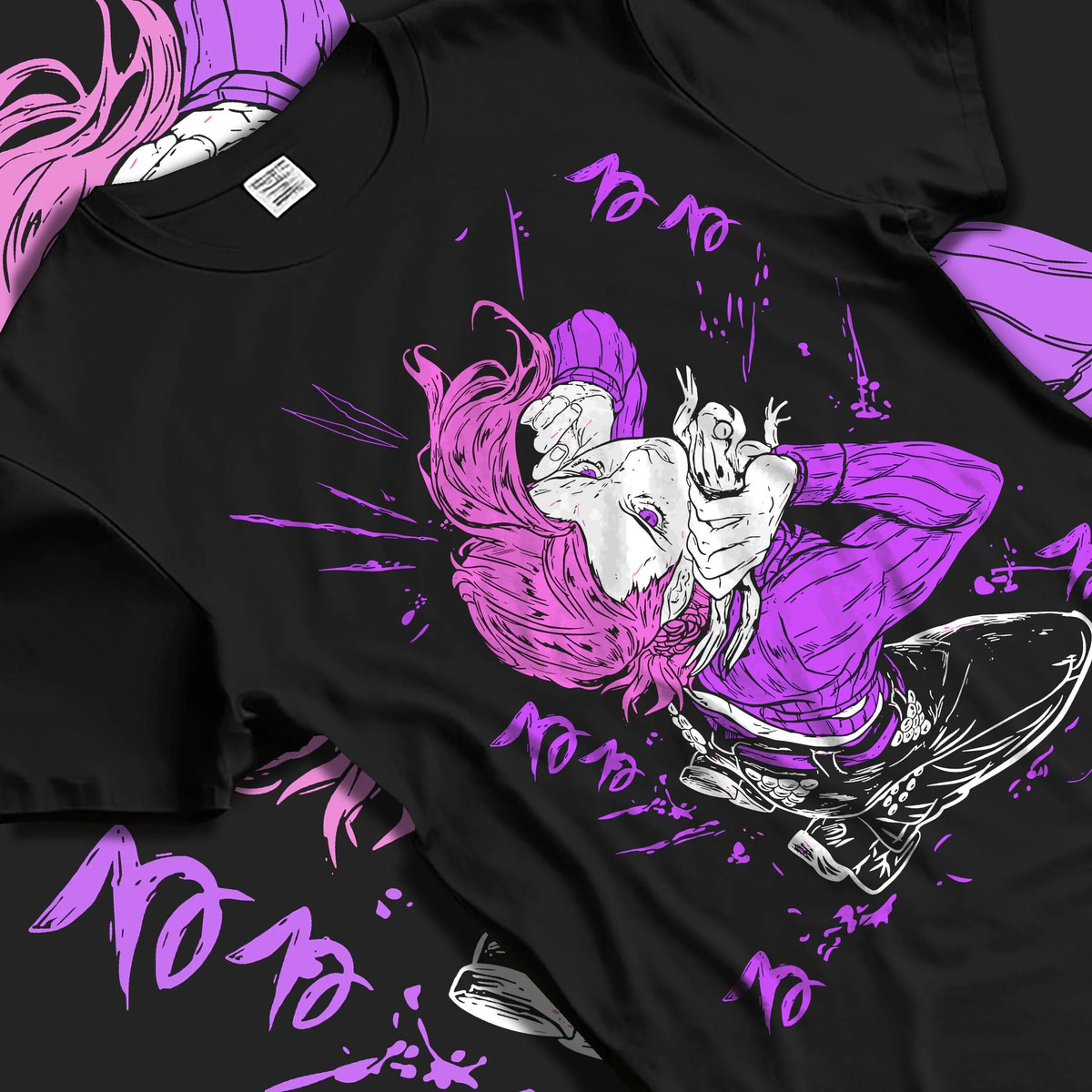 Black T-shirt laid flat with natural folds featuring Doppio JoJo's Bizarre Adventure villain artwork.