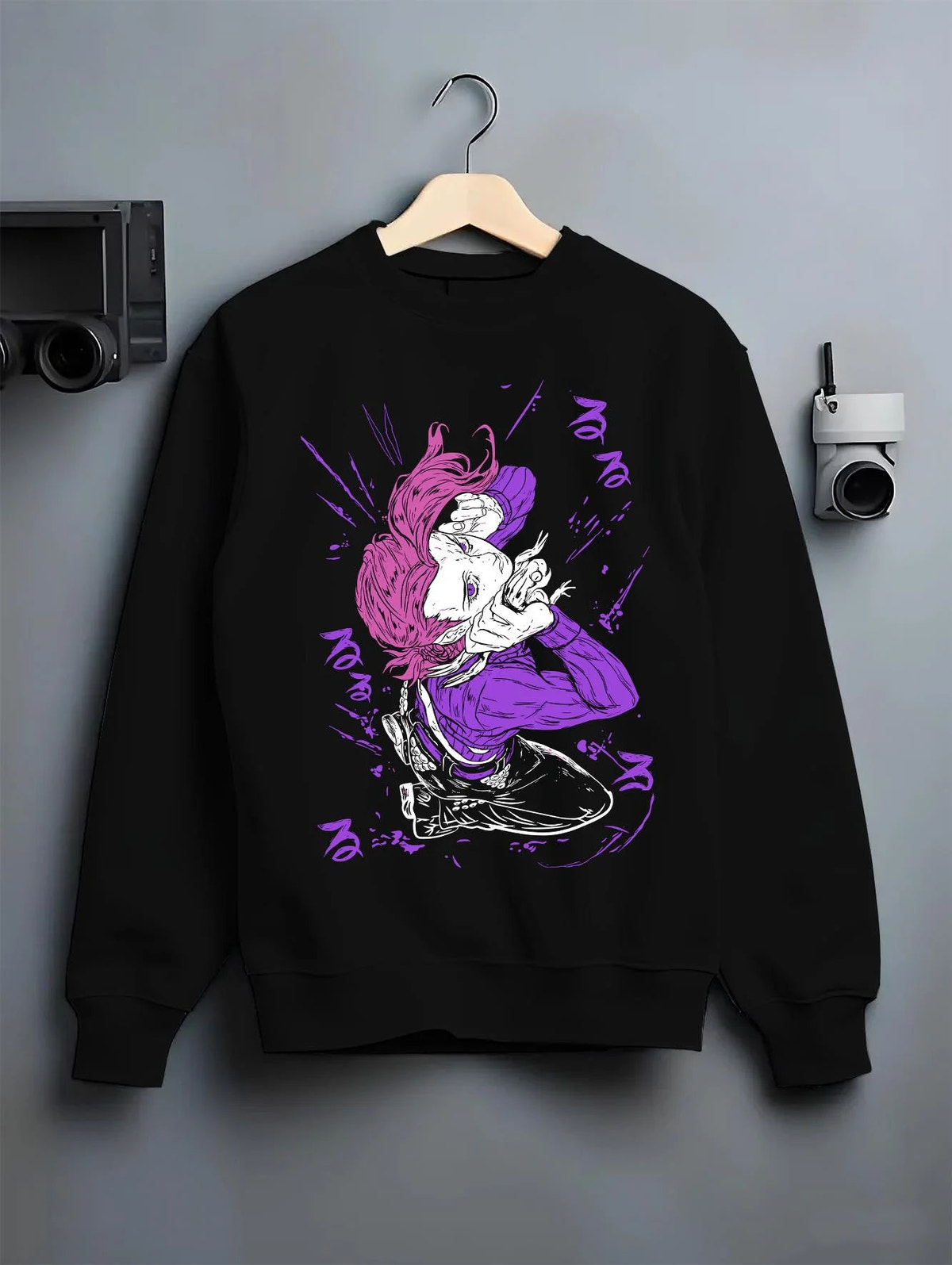 Black crewneck sweatshirt on hanger featuring Doppio JoJo's Bizarre Adventure villain artwork.