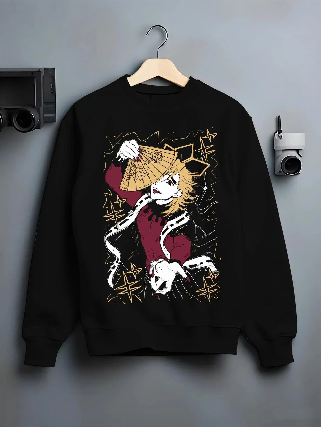Black crewneck sweatshirt on hanger with Douma Hoodie Demon Slayer Upper Moon Retro Poster graphic premium wear.