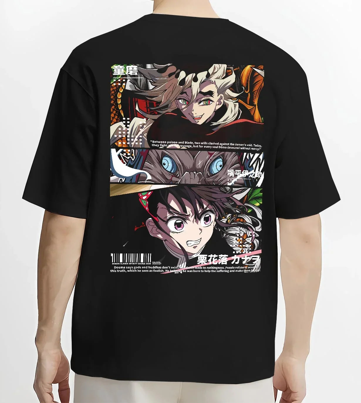 Black T-shirt worn by male model, back view with Douma Hoodie Demon Slayer Upper Moon Ice Retro Art graphic bold anime graphic.