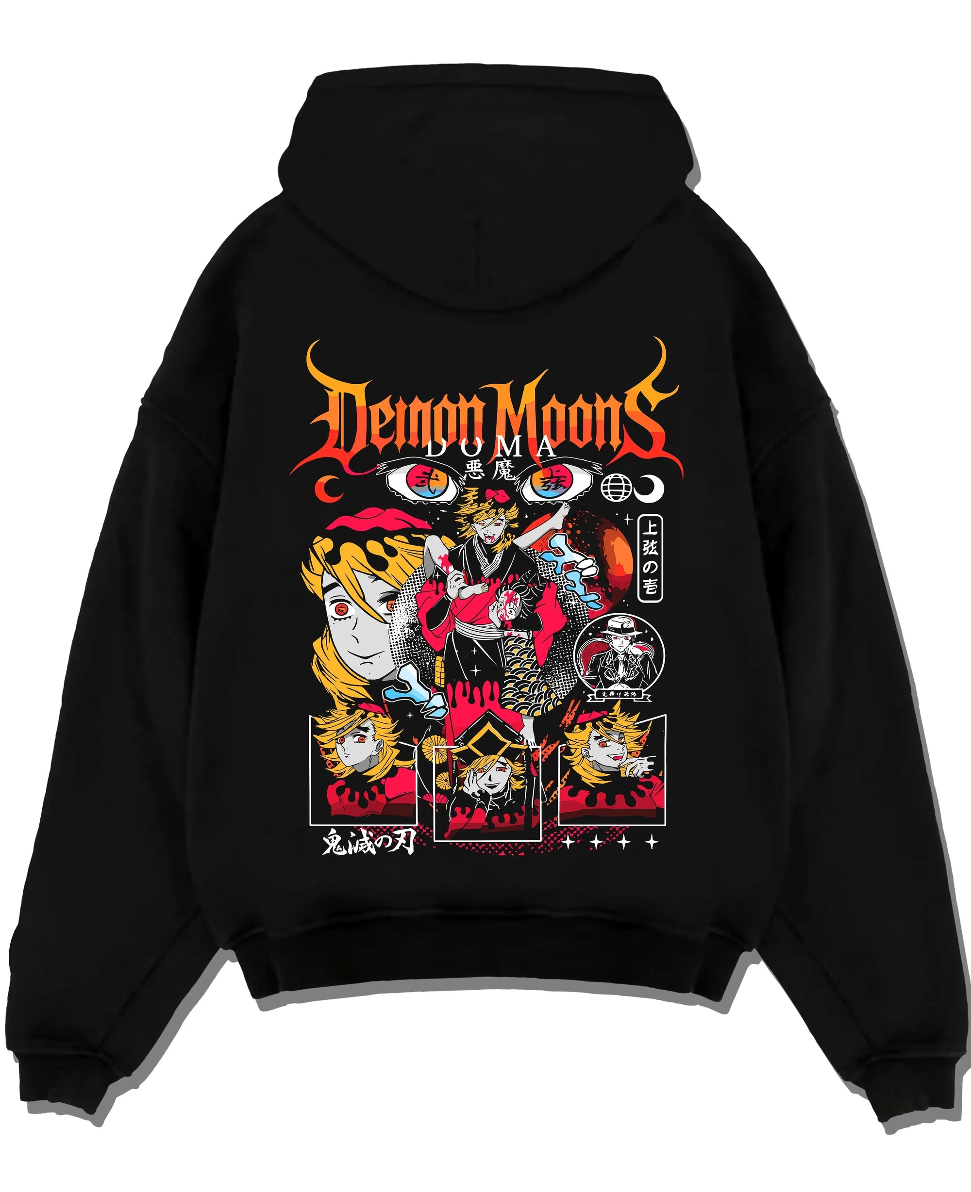 Black pullover hoodie laid flat with Demon Slayer Hoodie Douma Upper Moons Retro Poster graphic premium wear.