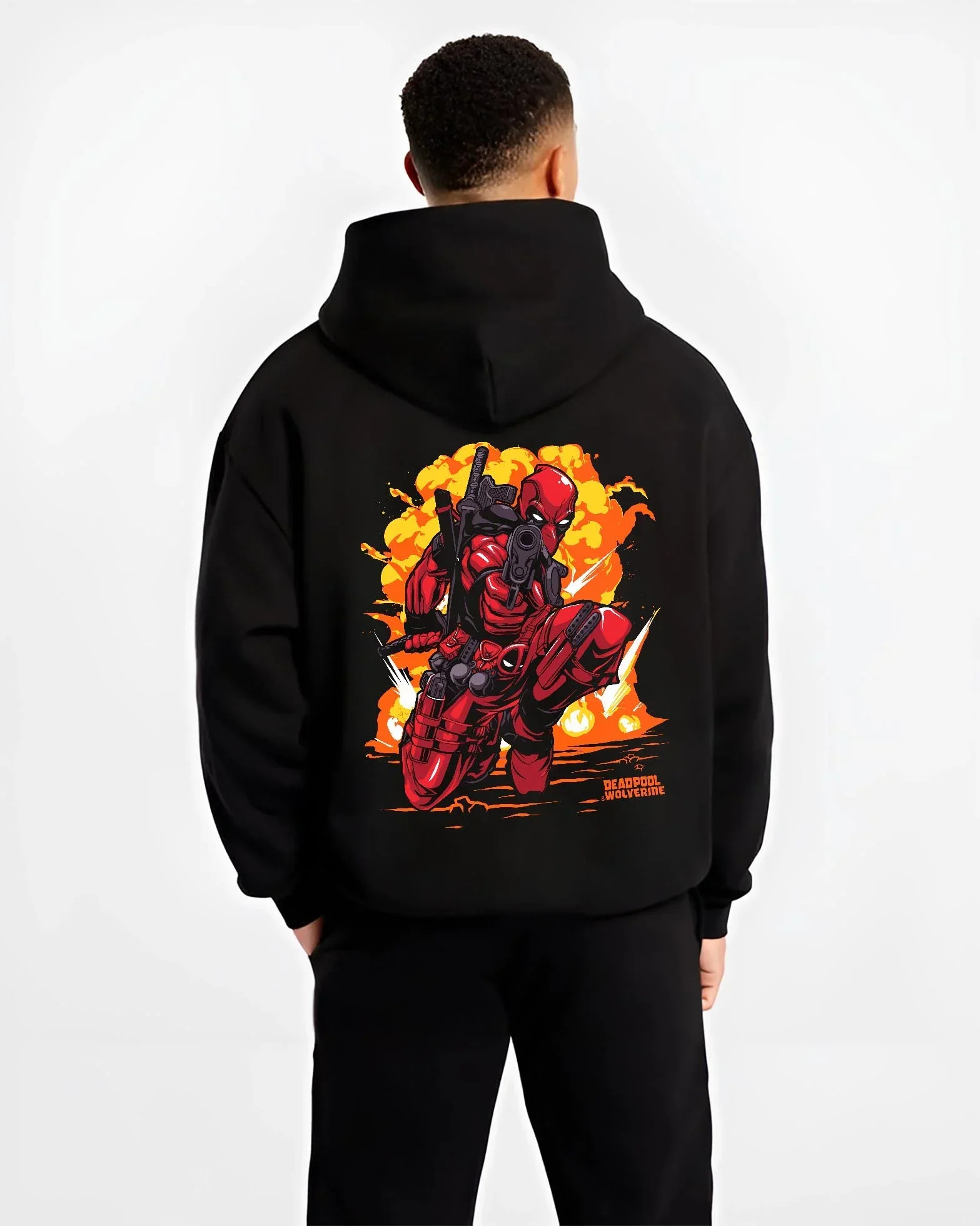 Black hoodie worn by male model, back view with Deadpool Hoodie Marvel Anime Cross Retro Parody Art graphic streetwear graphic.