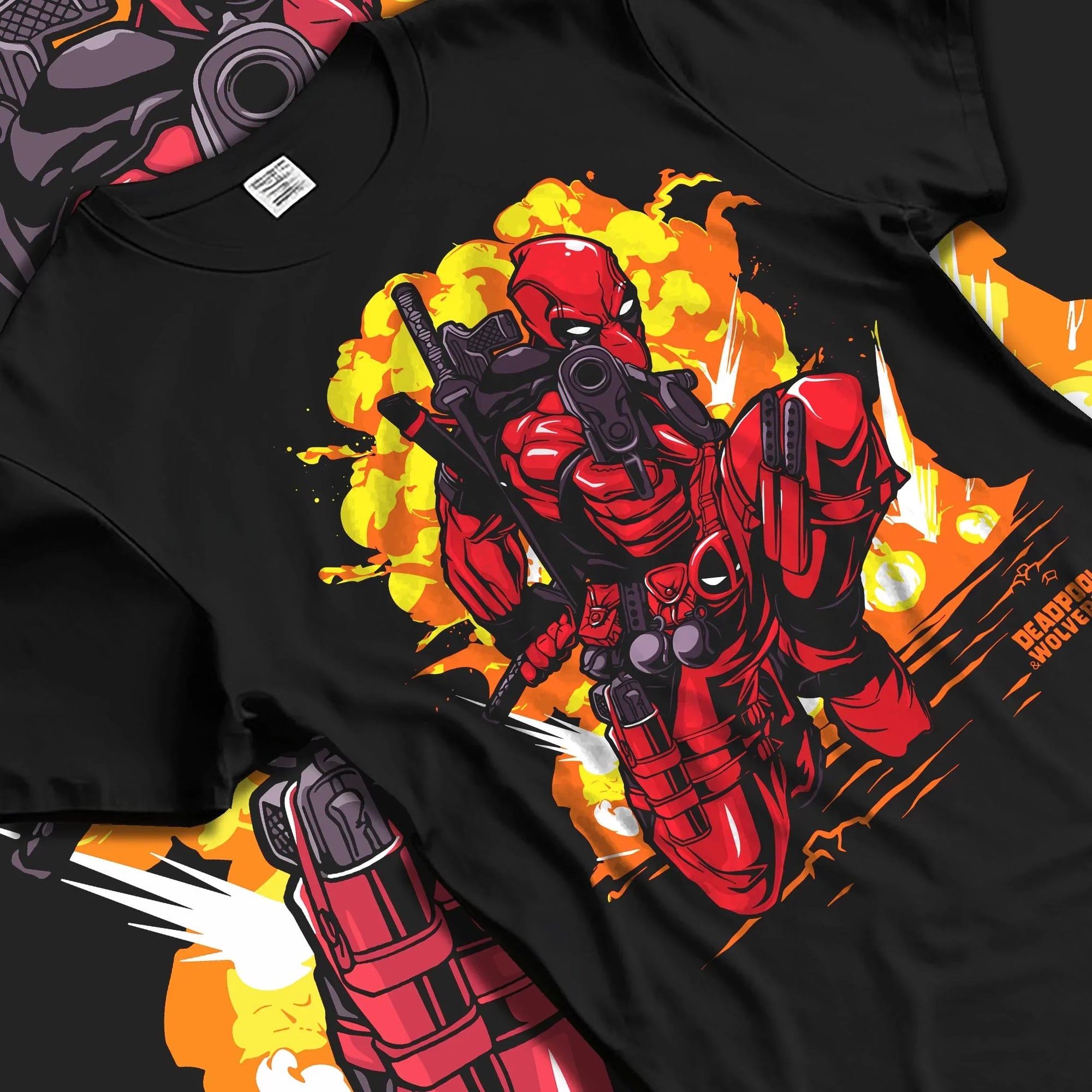 Black T-shirt laid flat with natural folds with Deadpool Hoodie Marvel Anime Cross Retro Parody Art graphic bold anime graphic.