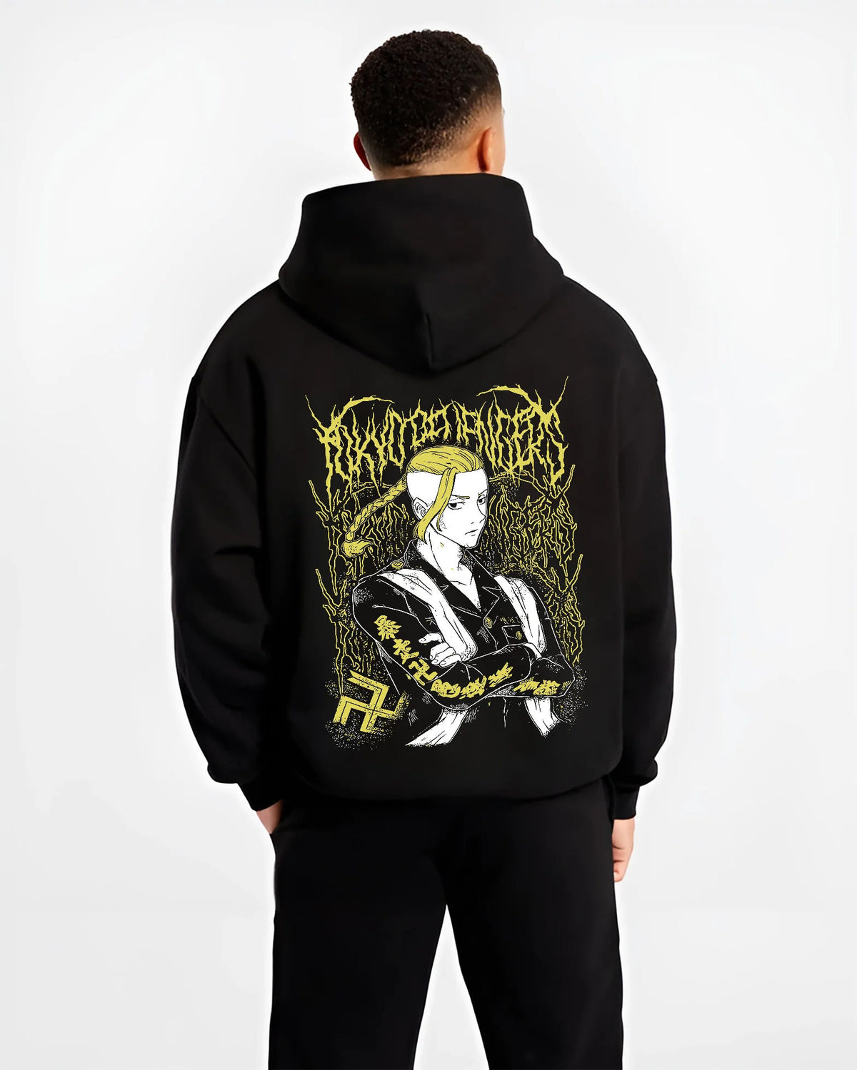 Black hoodie model back view with Ken Ryuguji (Draken), Tokyo Manji uniform from Tokyo Revengers illustrated back graphic