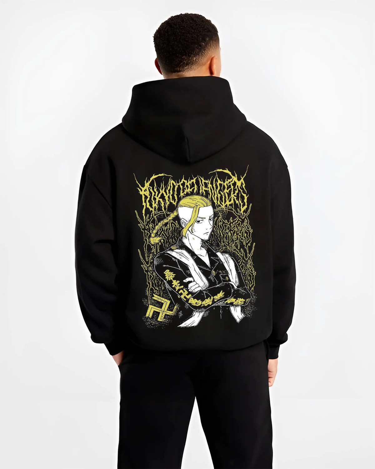 Black hoodie model back view with Ken Ryuguji (Draken), Tokyo Manji uniform from Tokyo Revengers illustrated back graphic